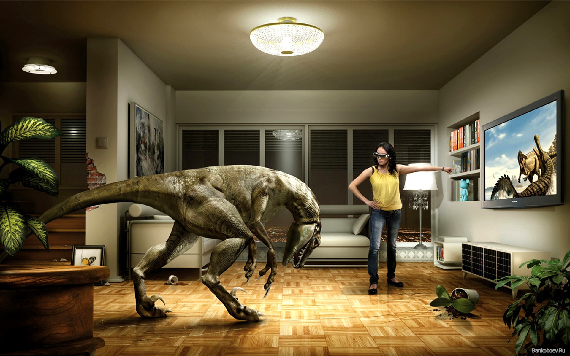 Dinosaurs Room TV Virtual Reality Headsets Humor Video Games Meta Digital Art 1920x1200