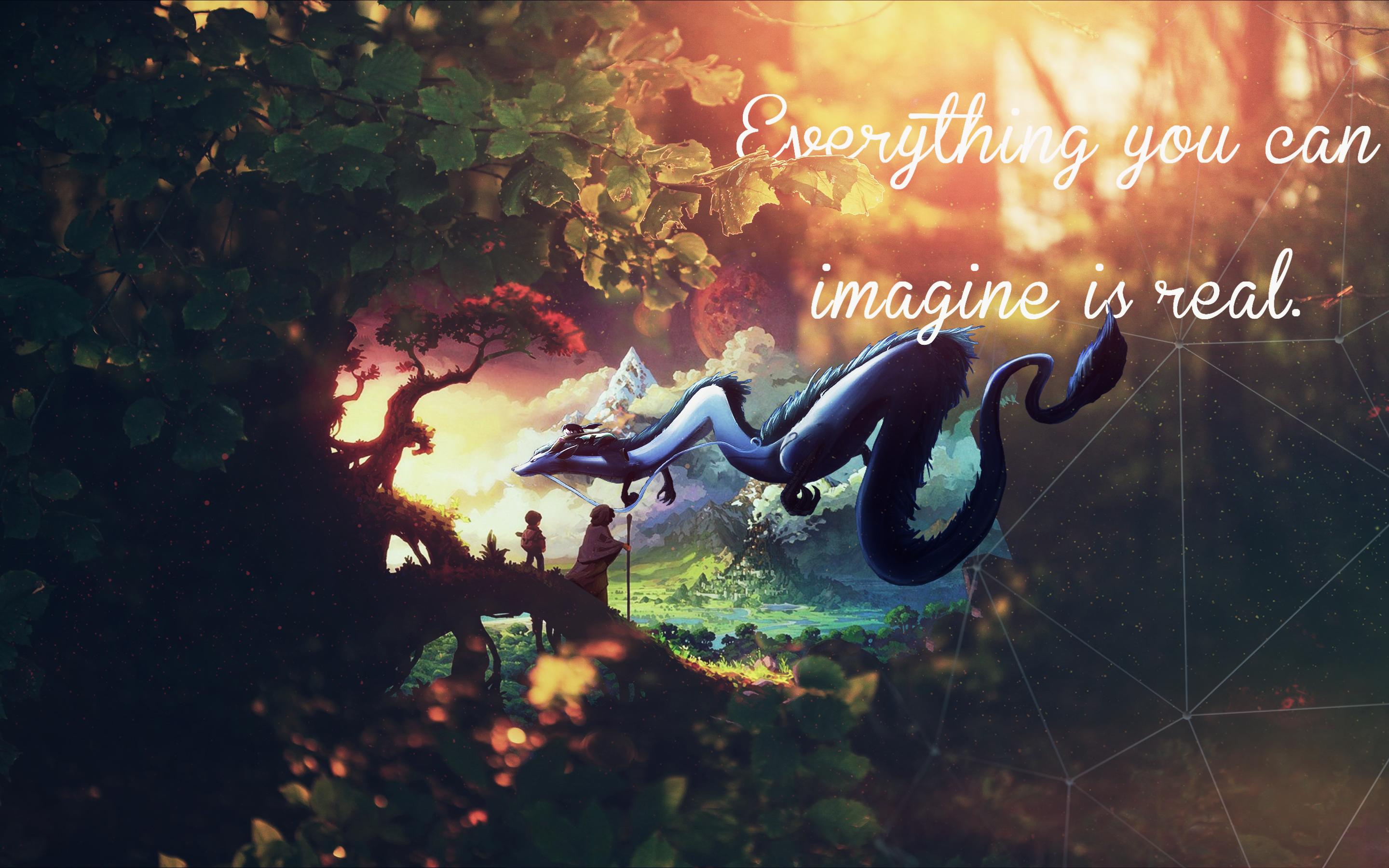Nature Chihiro Leaves Mountains Typography Fantasy Art Dragon 2880x1800