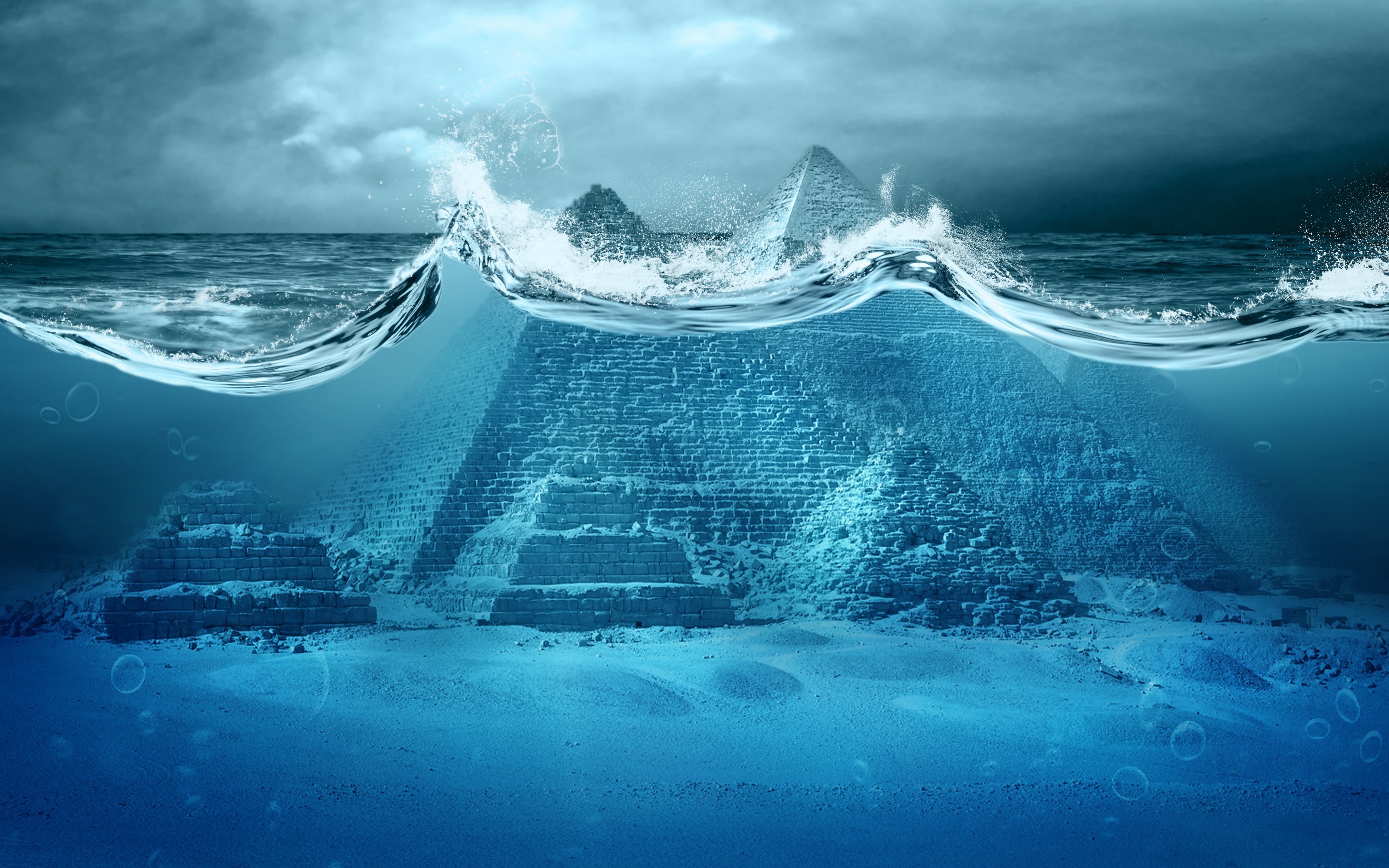 Digital Art Pyramid Water Underwater Waves Bubbles Sea Pyramids Of Giza Blue Clouds Horizon Apocalyp 2880x1800