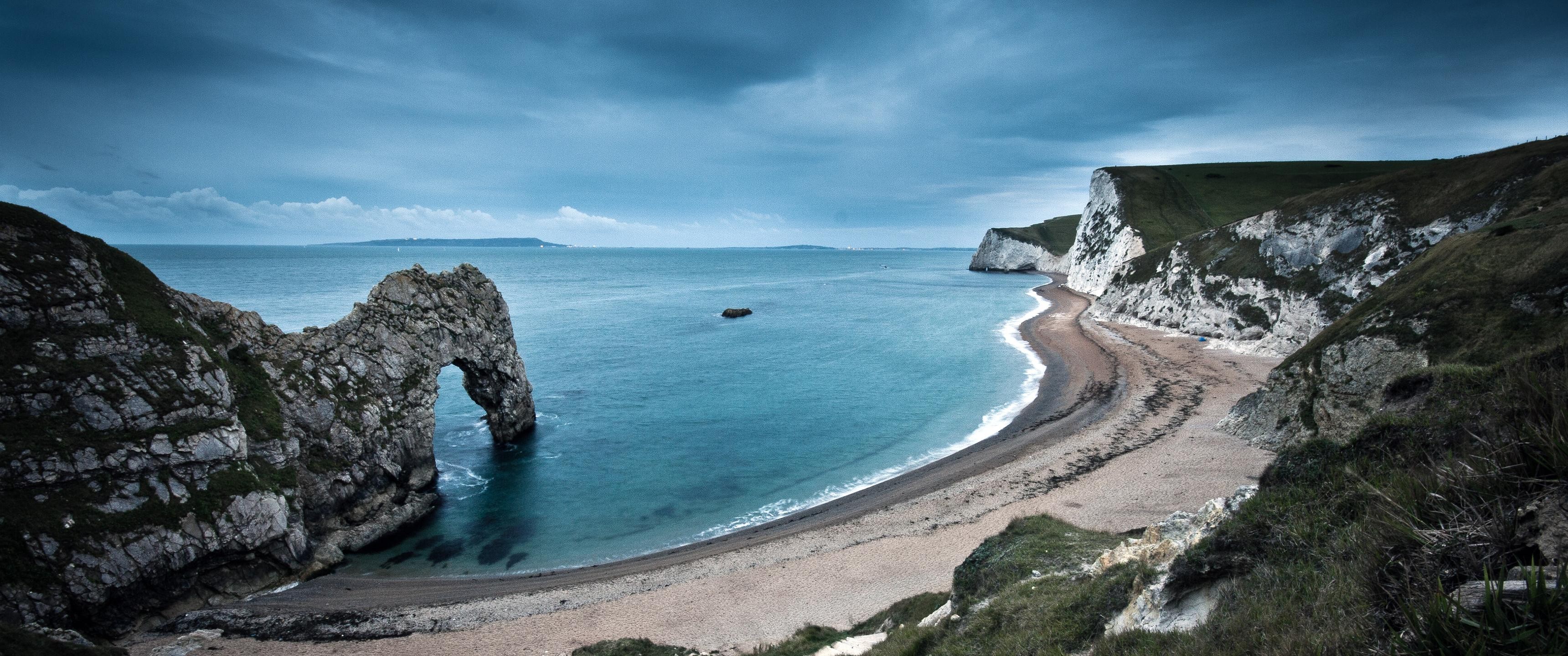 Nature Wide Angle Coast Cliff Sea Durdle Door England Jurassic Coast England 3440x1440