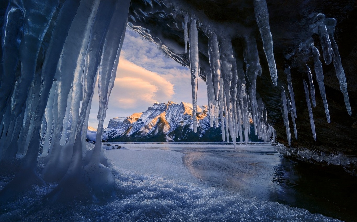 Cave Ice Mountains Winter Snowy Peak Lake Banff National Park Canada Nature Landscape Sky Icicle Sno 1366x849