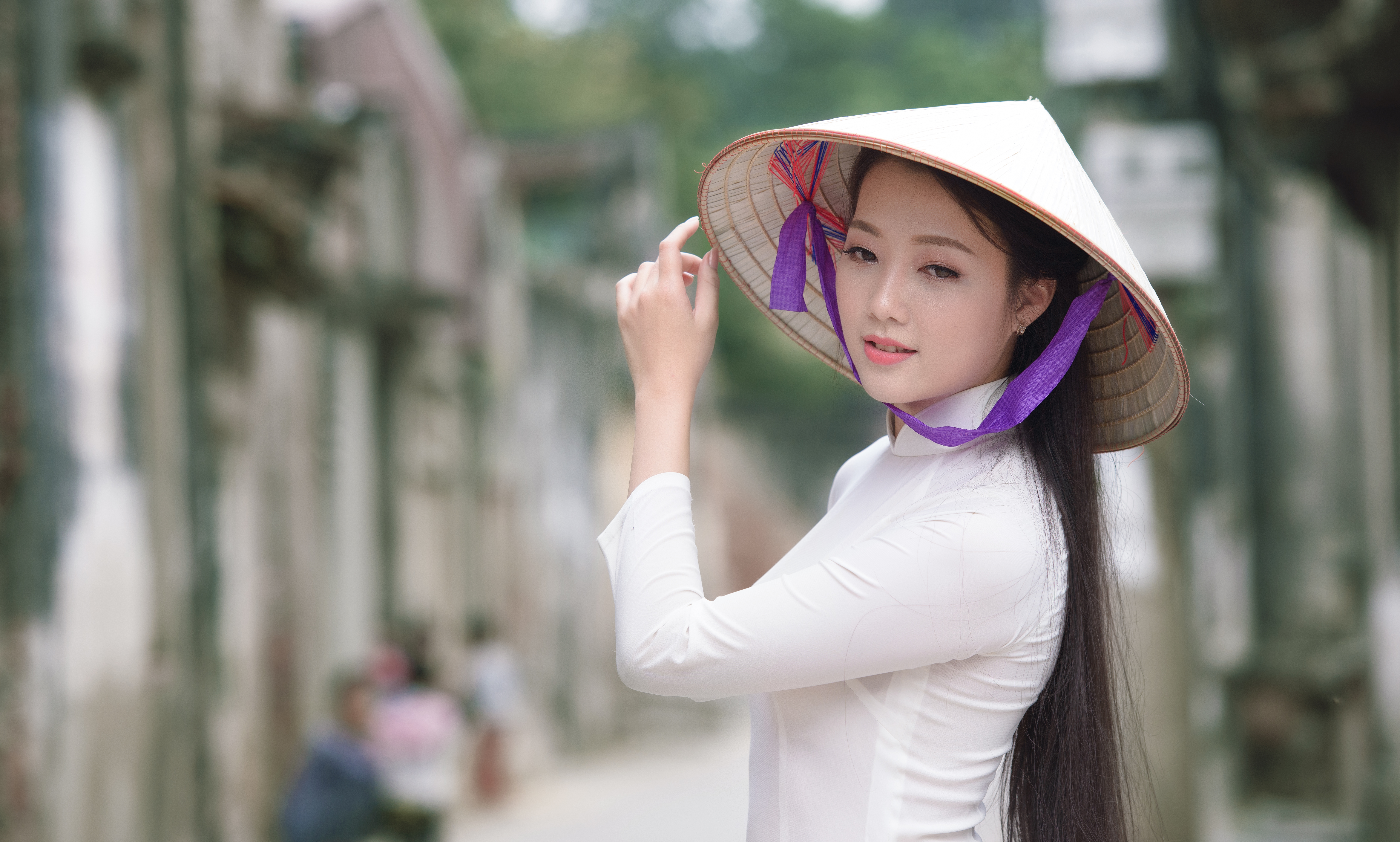 Ao Dai Asian Asian Conical Hat Girl Vietnamese Bokeh 6513x3919