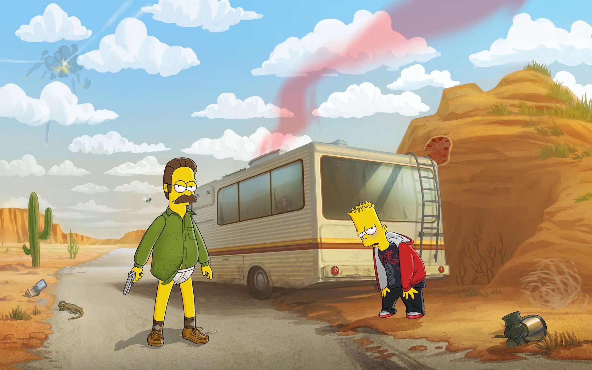 The Simpsons Breaking Bad Humor Ned Flanders Bart Simpson Crossover RV 1920x1200