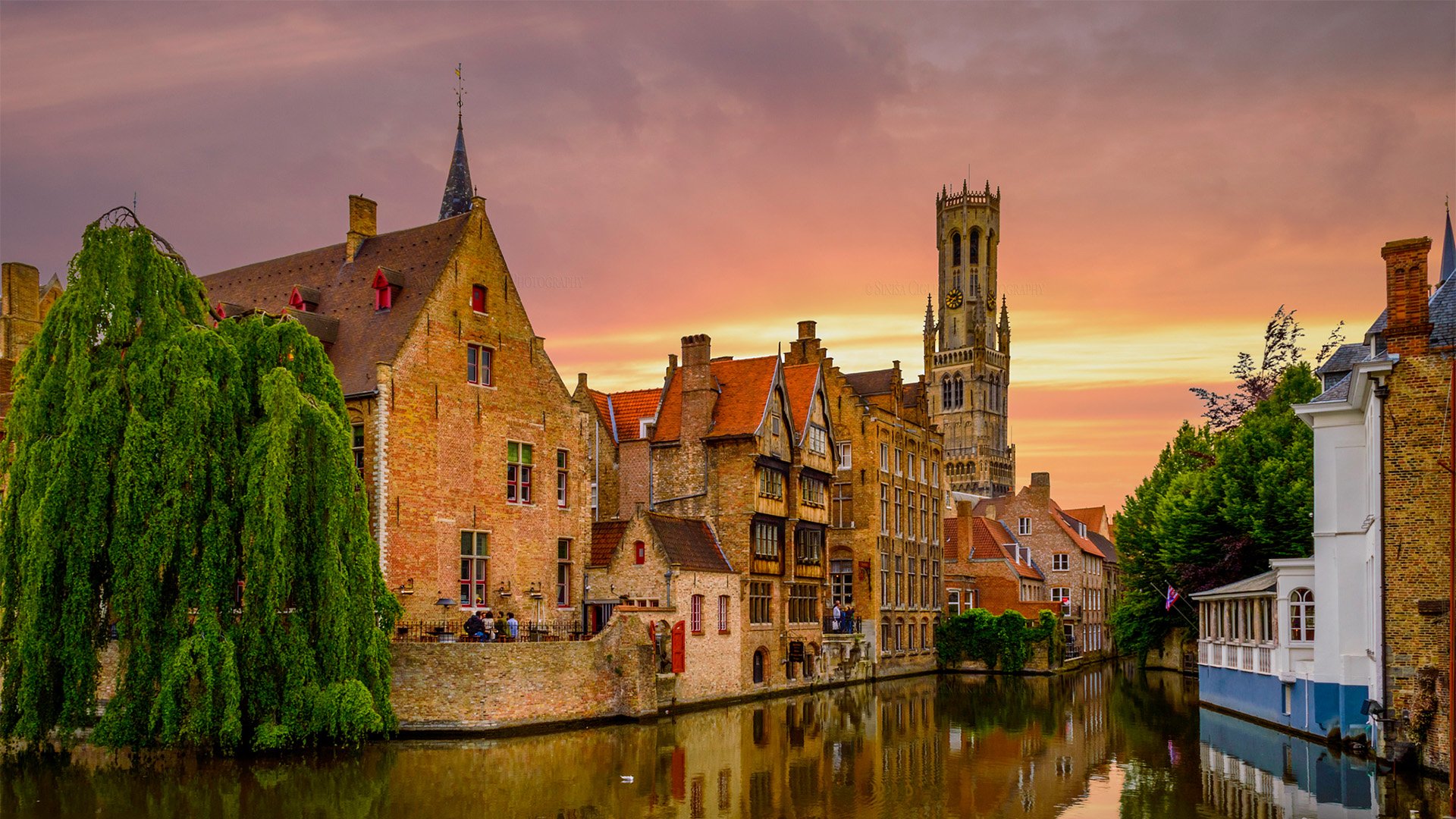 Man Made City Bruges Belgium Canal Building Sunset Church 1920x1080