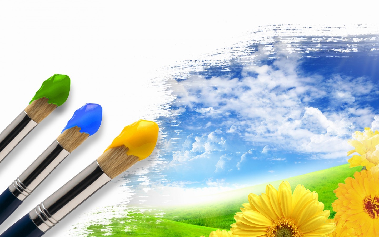 Paintbrushes Flowers Yellow Flowers Sky Canvas Clouds 1440x900