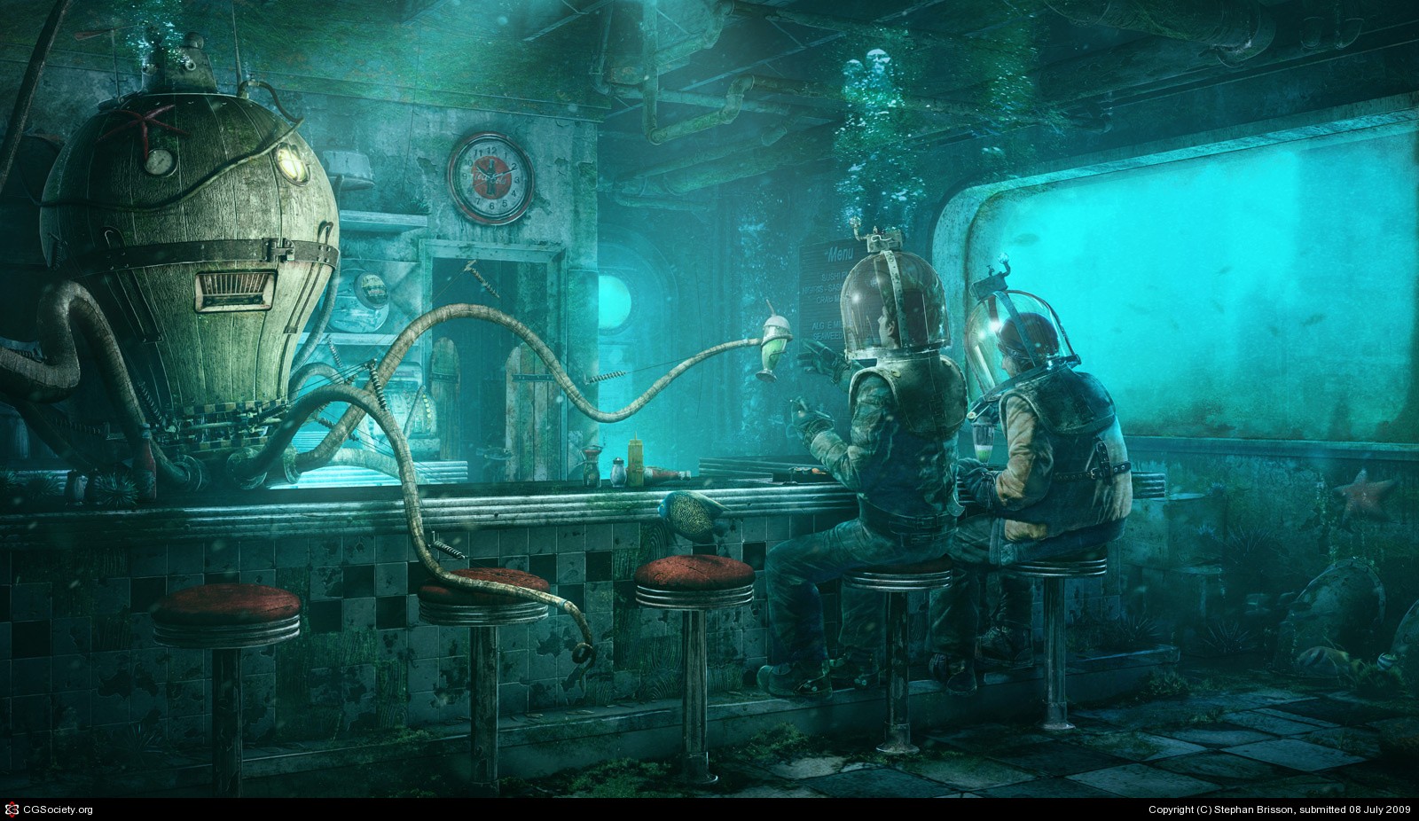 Underwater Restaurant Robot Octopus Fantasy Art Science Fiction Futuristic Cyan Milkshake Coca Cola  1600x926