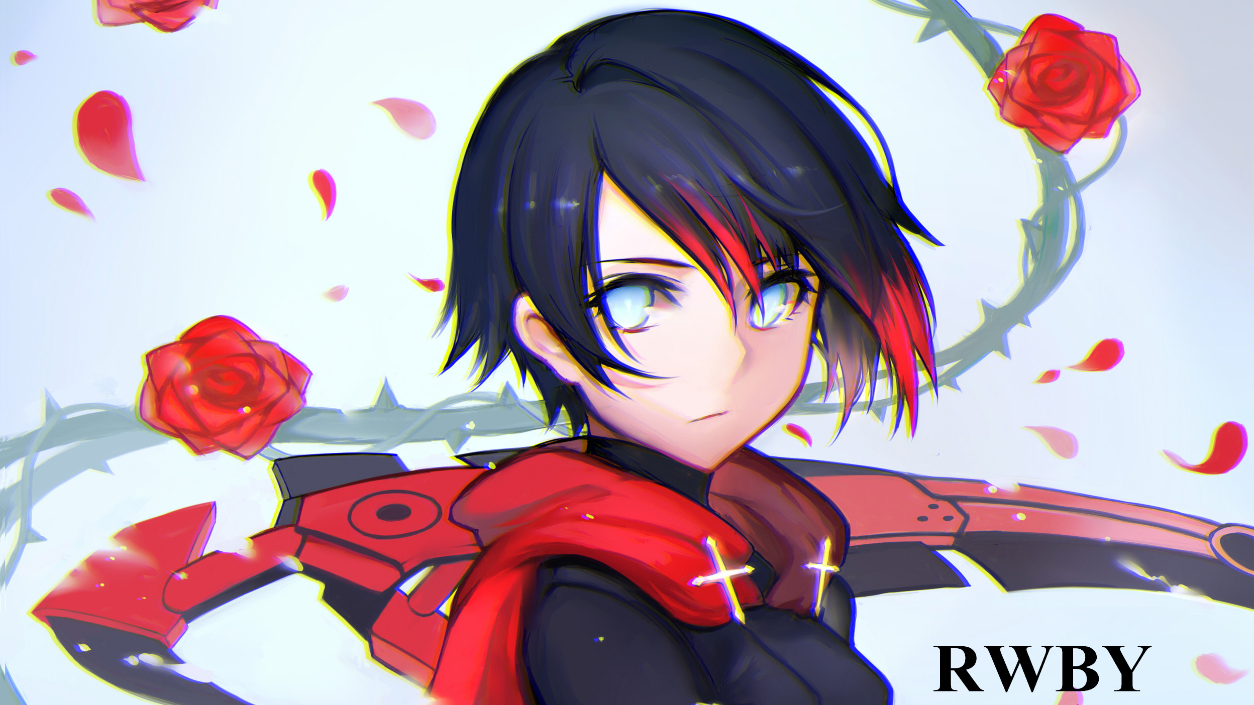 RWBY Ruby Rose Character Anime Girls Anime Rose Thorns Flowers Red Flowers Blue Eyes 2496x1404