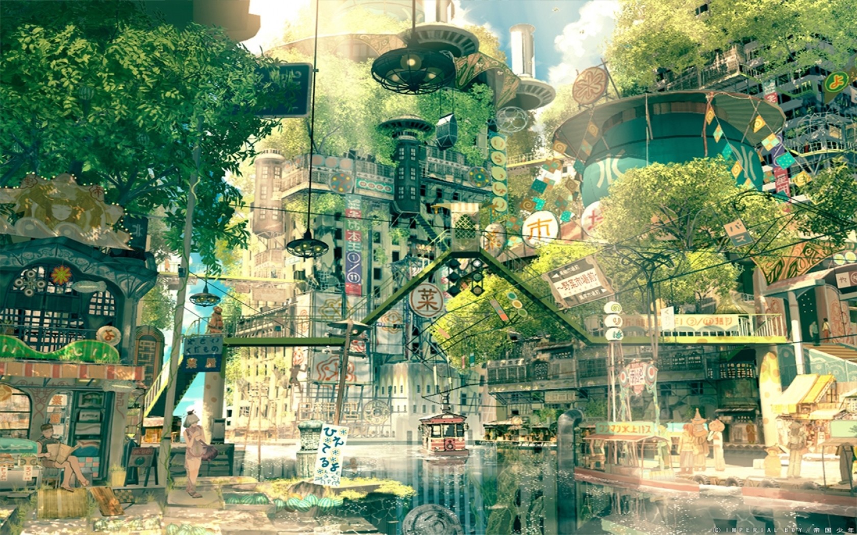 Drawing City Cityscape Japan Fictional Nature Anime Imperial Boy Utopia 1680x1050