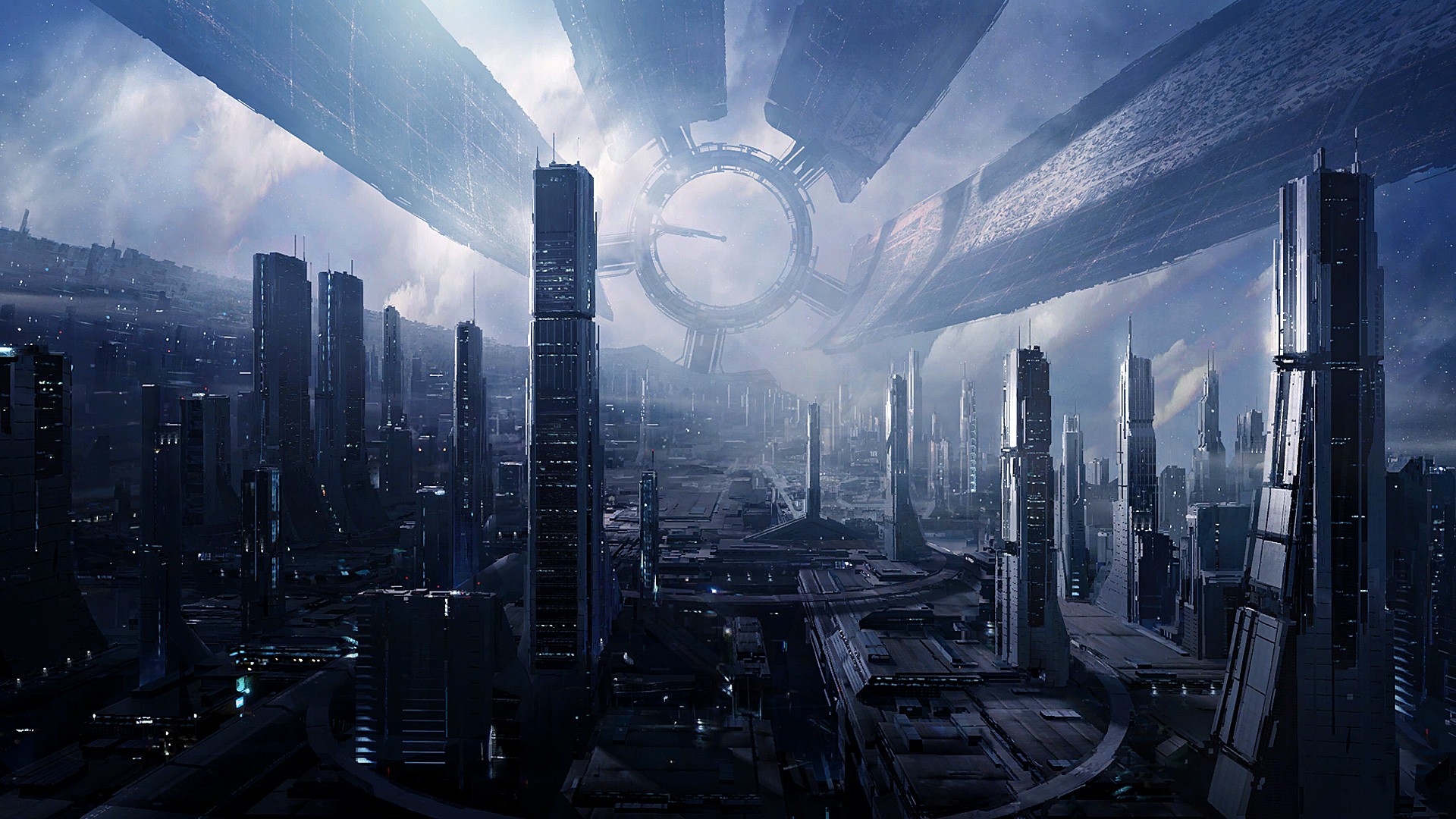 Futuristic Mass Effect Citadel Space Nebula Space Station Cityscape Skyscraper Digital Art Citadel M 1920x1080