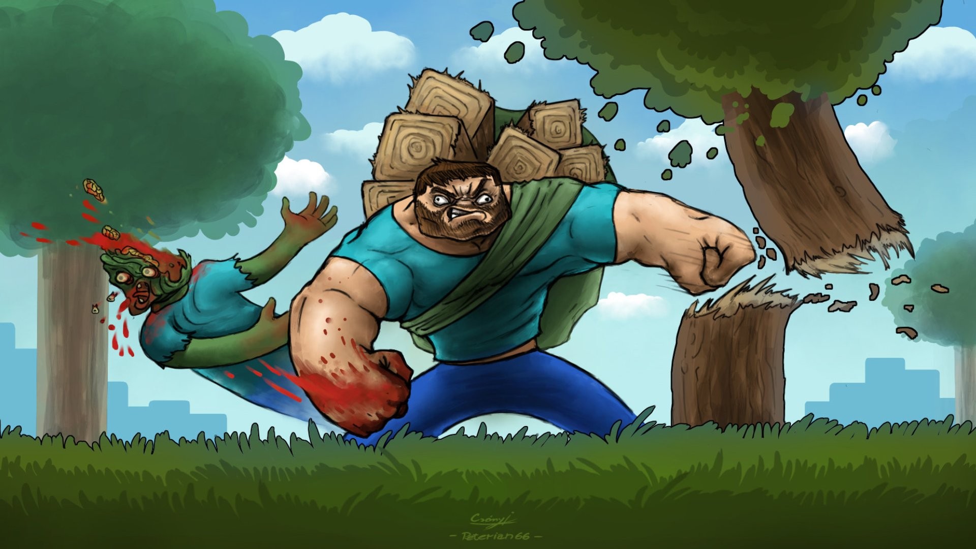 Minecraft Steve Video Games Zombies Fan Art Humor Green Beards Artwork Wood Grass Video Game Art 1920x1080