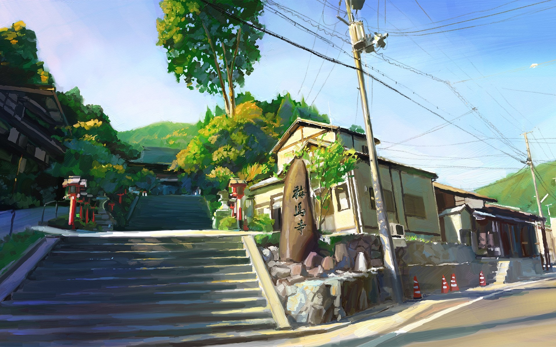 Artwork Stairs Power Lines Trees Traffic Cone Painting Japan Utility Pole Anime Moescape 1920x1200