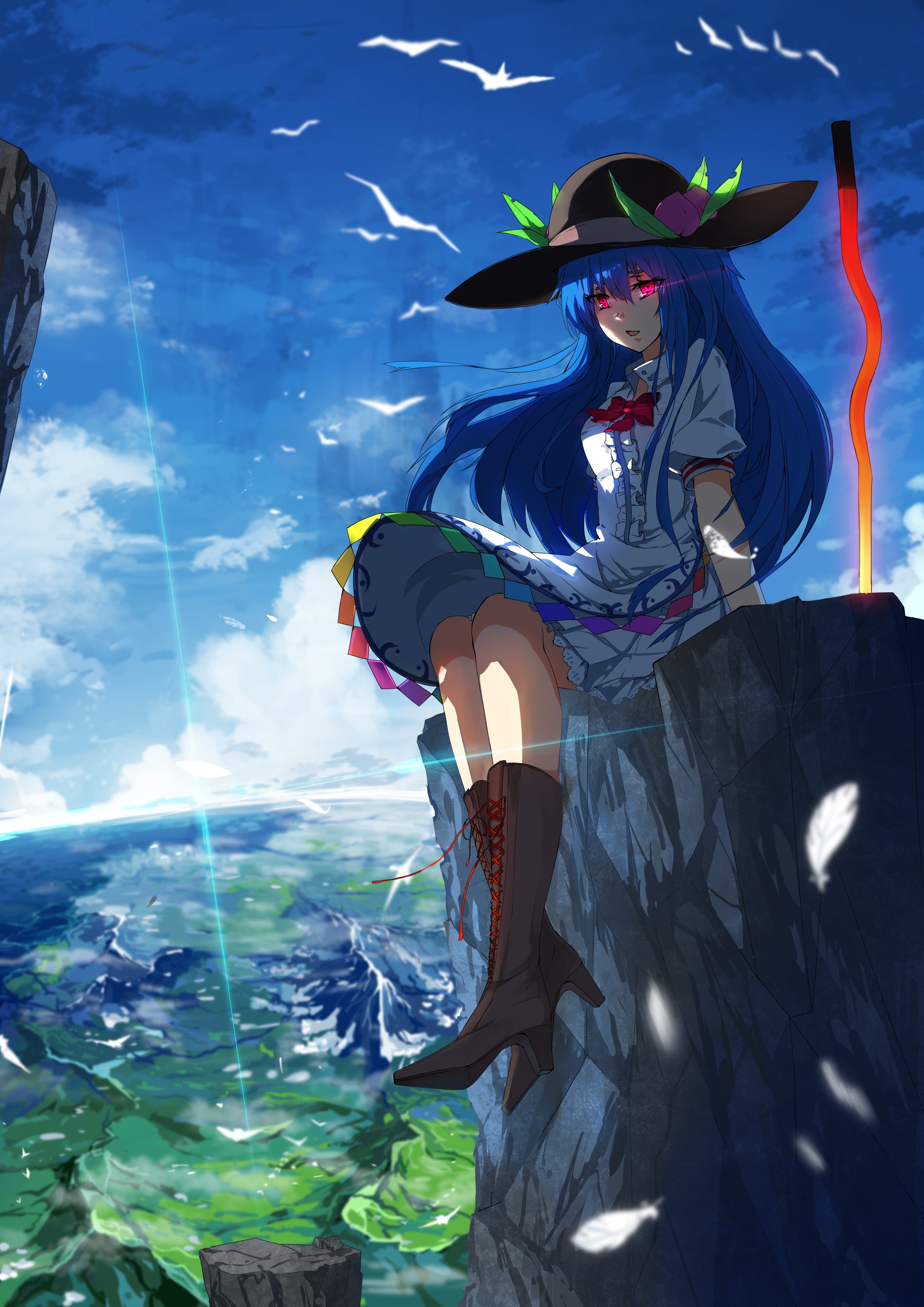 Anime Anime Girls Hat Landscape Long Hair Blue Hair Red Eyes Touhou Hinanawi Tenshi 2480x3507