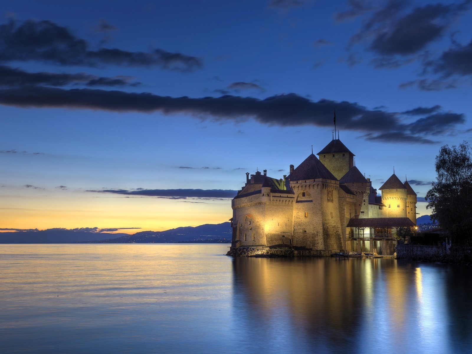 Landscape Castle Building Lake Sunset Chillon Castle Montreux 1600x1200