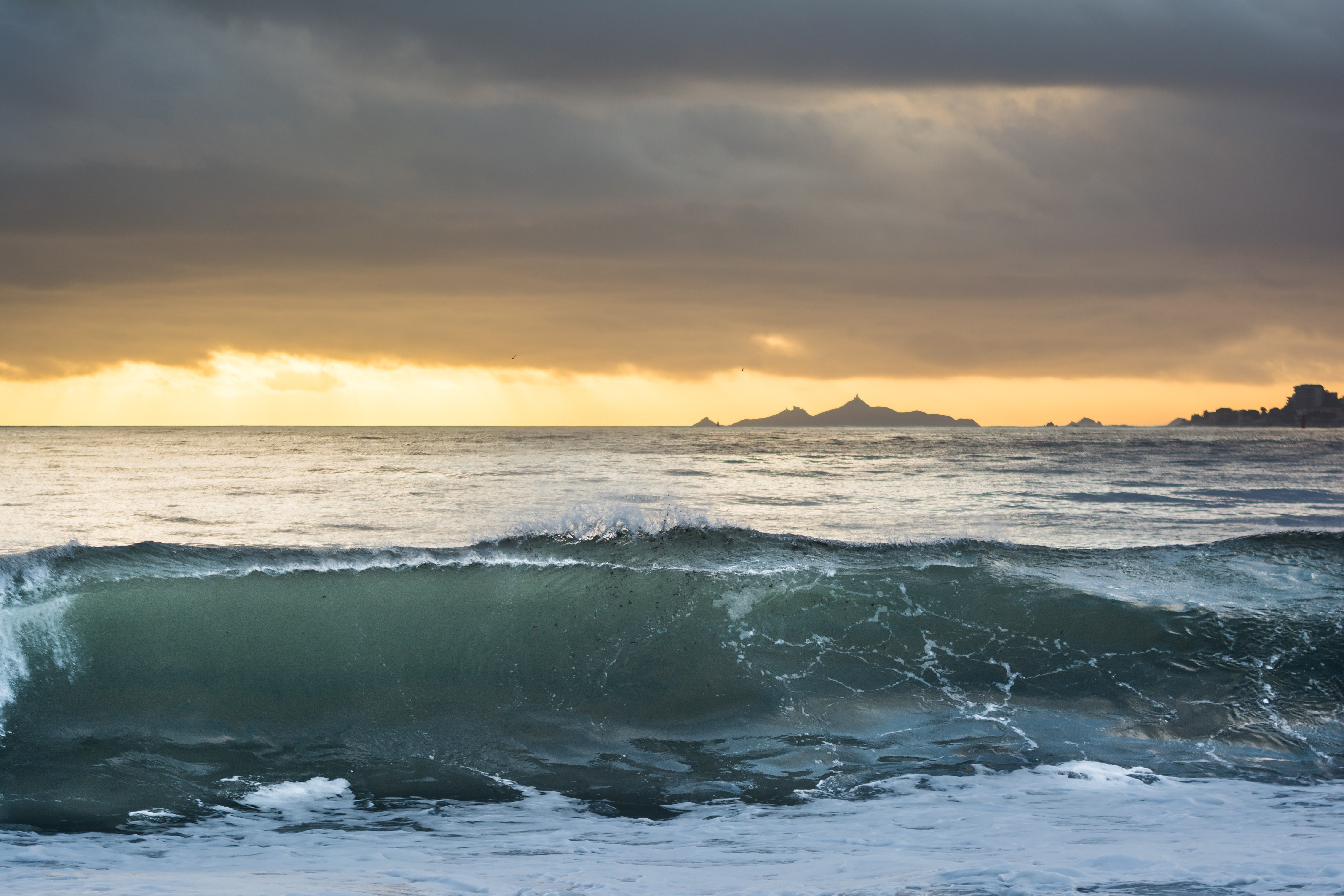 Sunset Sea Corsica Waves Horizon Dusk Coast 5878x3919
