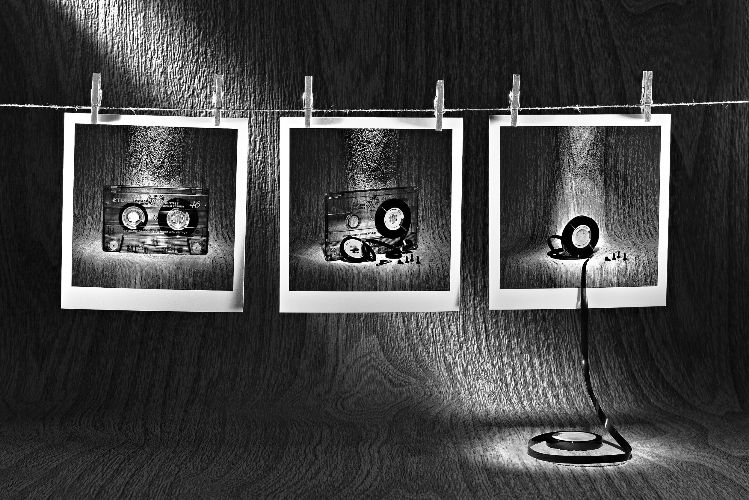 Creativity Artwork Humor Cassette Polaroids Photography Tape Wood Cords Photo Manipulation Monochrom 2500x1667