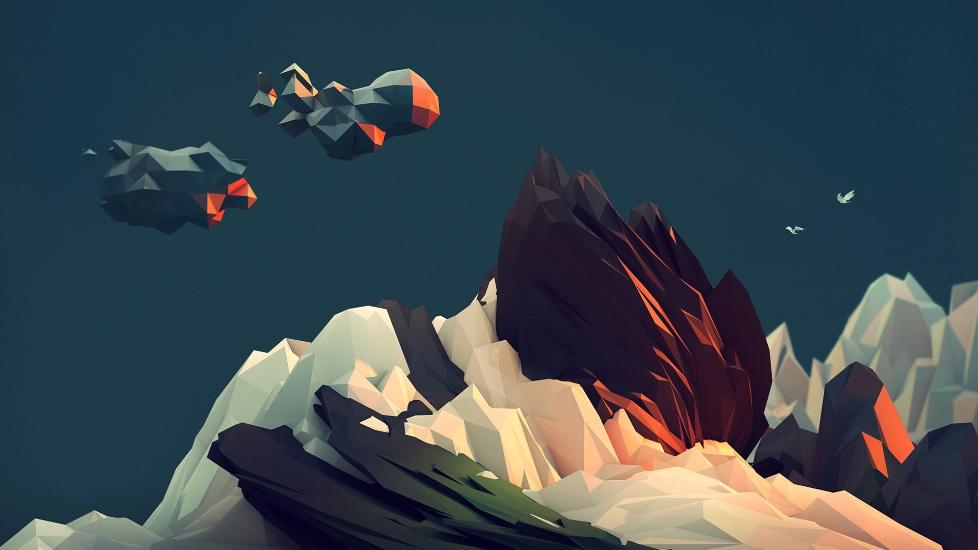 Clouds Mountains Trixel Low Poly Abstract Teal 3D Digital Art Render Birds 1920x1080