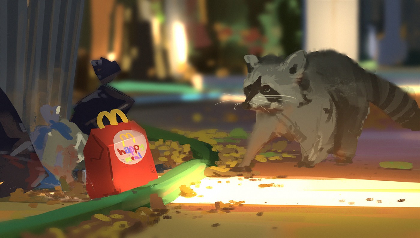 Raccoons McDonalds Artwork Painting 1400x793