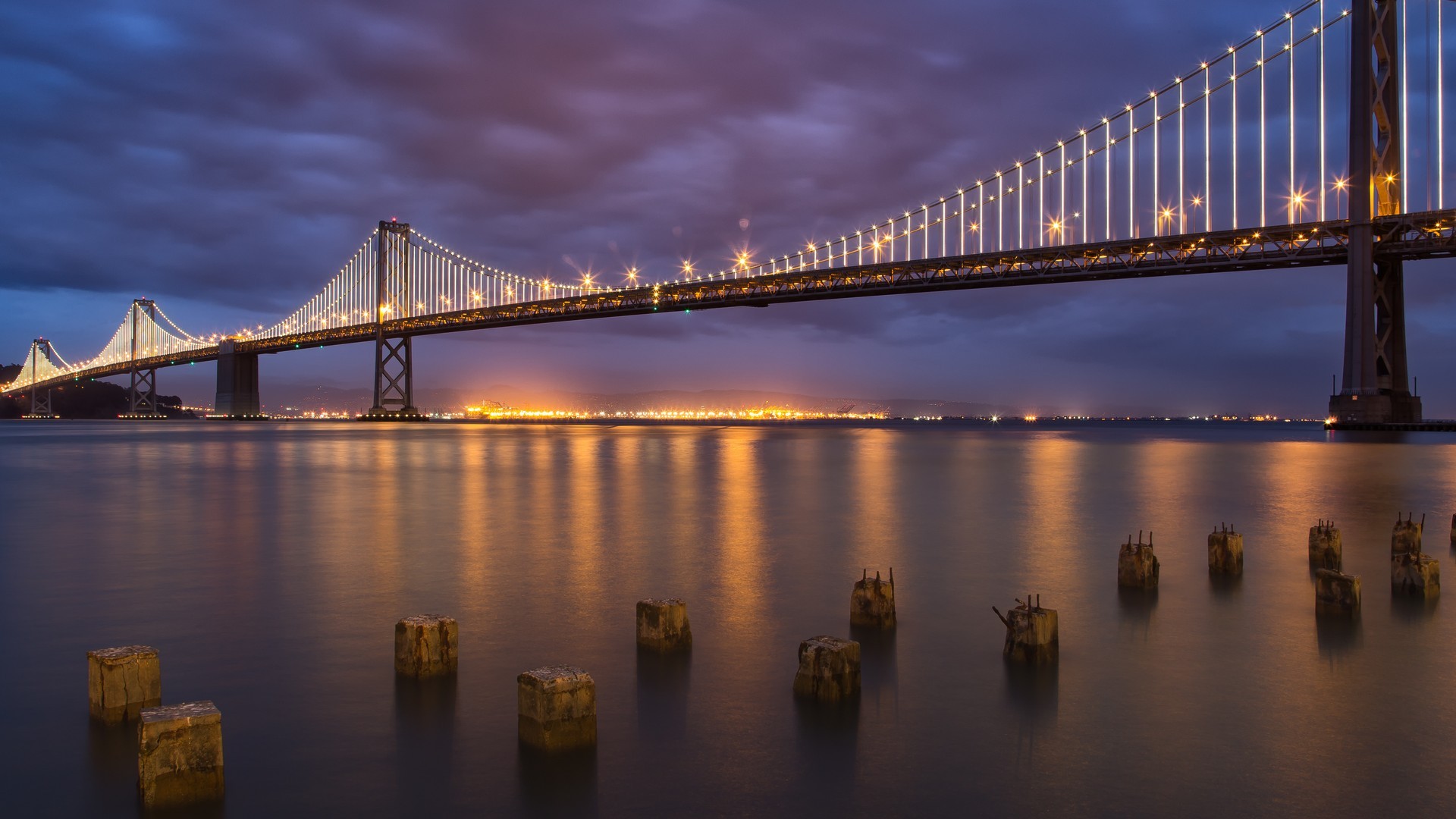 Cityscape Bridge Dusk San Francisco Oakland Bay Bridge Suspension Bridge City Lights 1920x1080