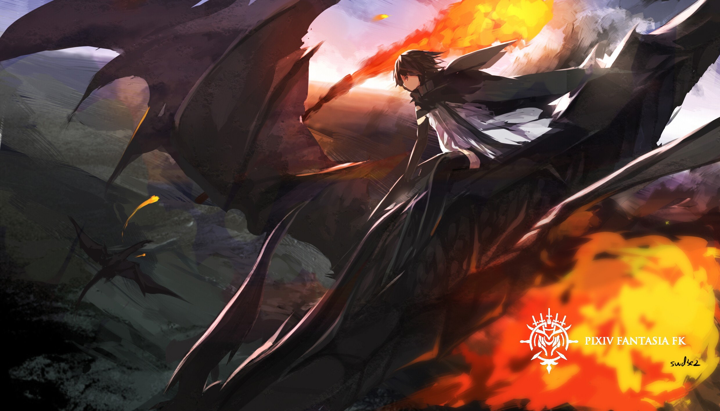 Swd3e2 Anime Girls Pixiv Fantasia Original Characters Black Hair Red Eyes Gloves Thigh Highs Dragon  2480x1417