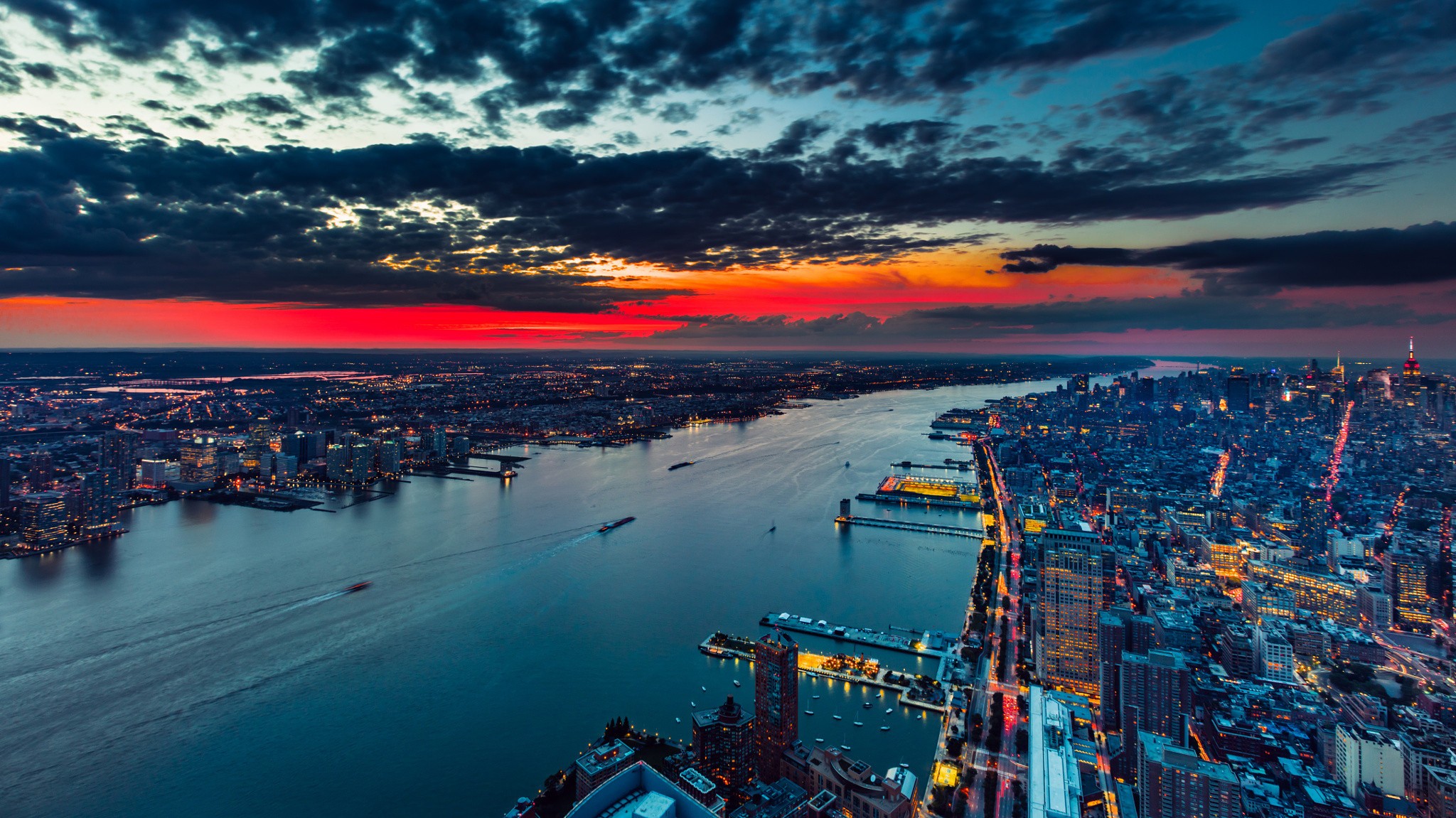 Cityscape City Water Clouds Building New York City Manhattan USA Hudson River Sunset Evening 2048x1151