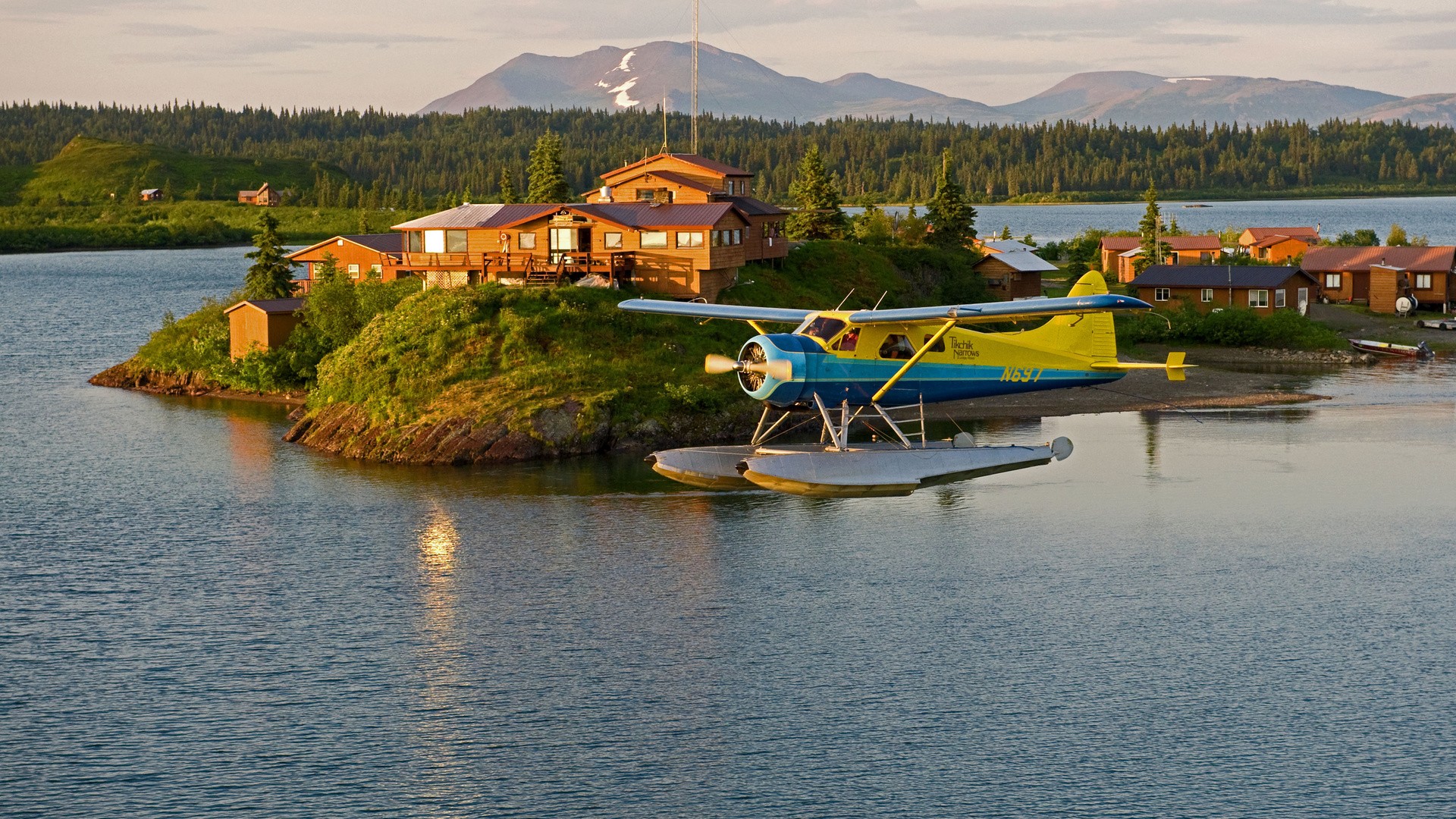 Airplane Aircraft Landscape USA Alaska Lake Water Island House Trees Forest Mountains Snow Rock Prop 1920x1080