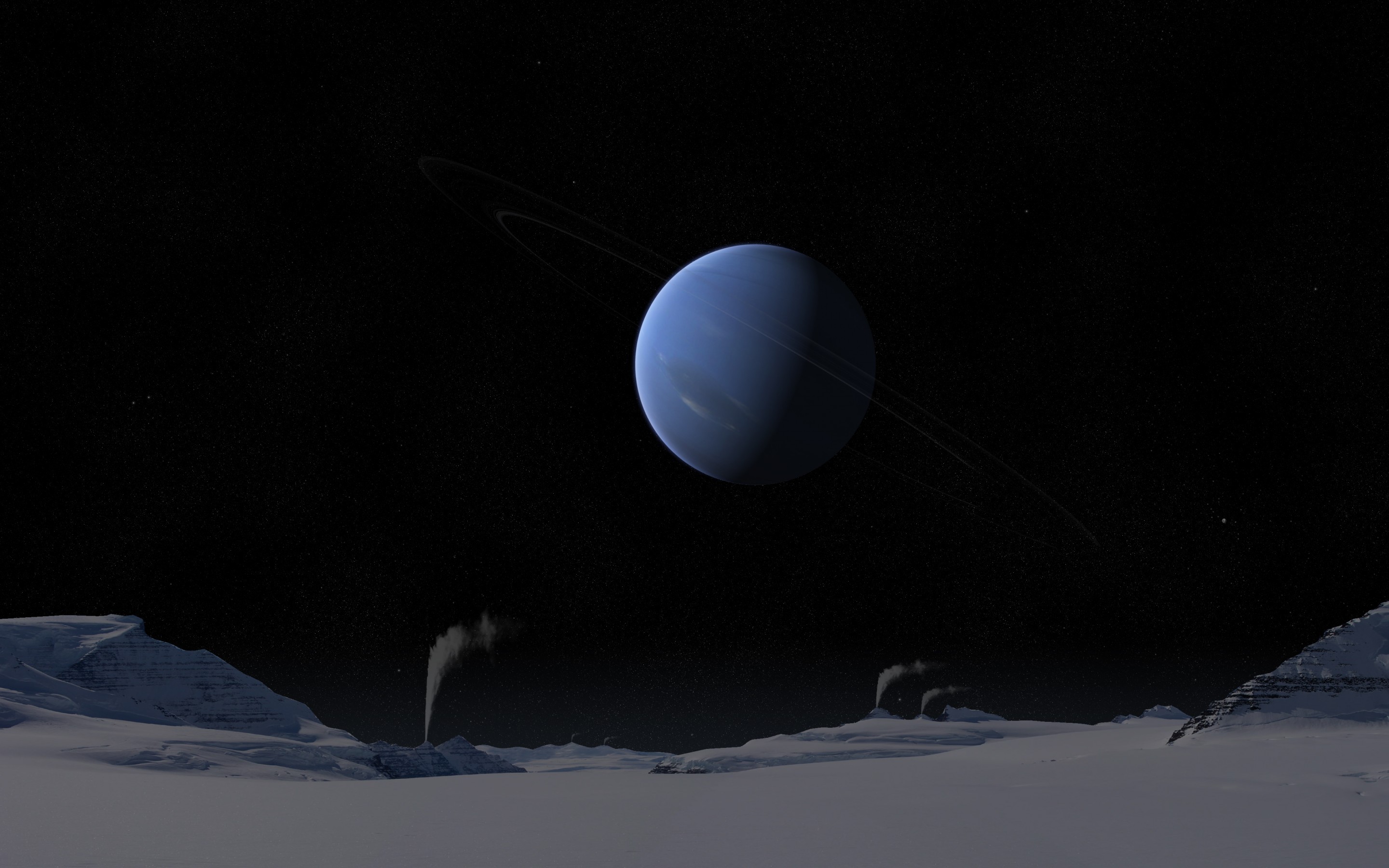 Digital Art Space Universe Planet Neptune CGi Stars Dark Smoke Rock Snow Space Art 2880x1800