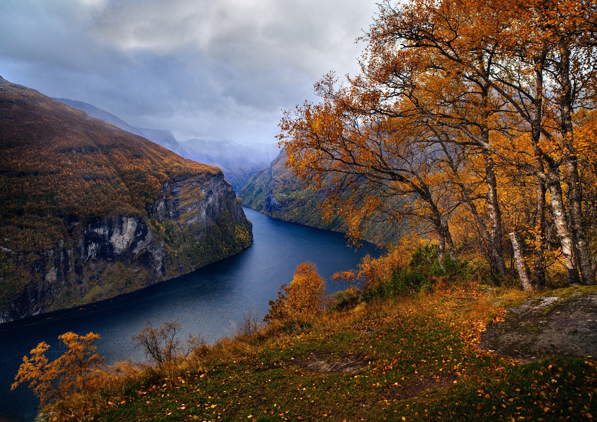Nature Landscape Fjord Norway Fall Trees Grass Mountains Clouds Geiranger 2048x1448