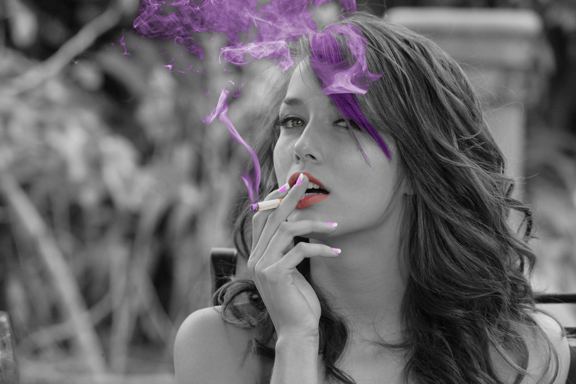Smoking Smoke Face Brunette Lips Selective Coloring Cigarettes Colored Smoke Caucasian Women 1920x1280