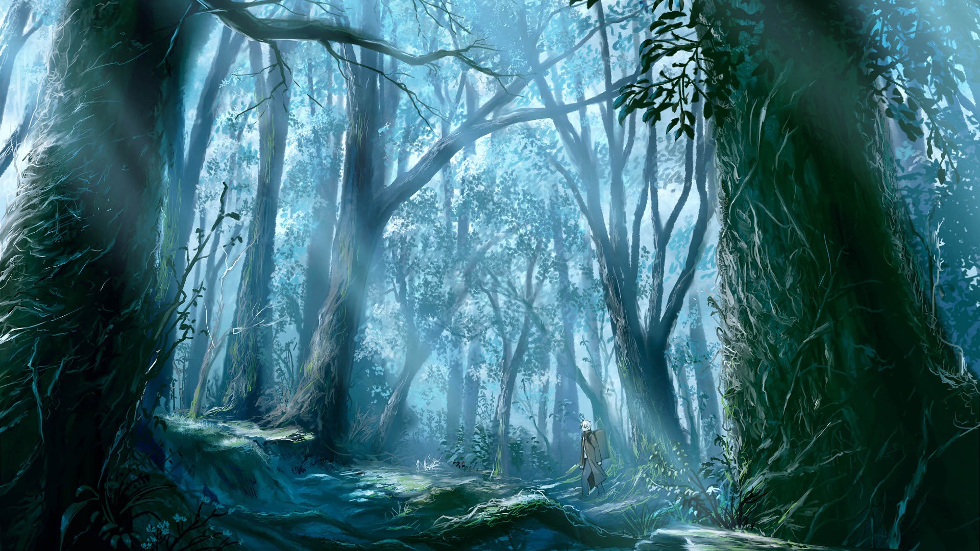 Anime Trees Nature Forest Cyan Wallpaper - Resolution:1920x1080