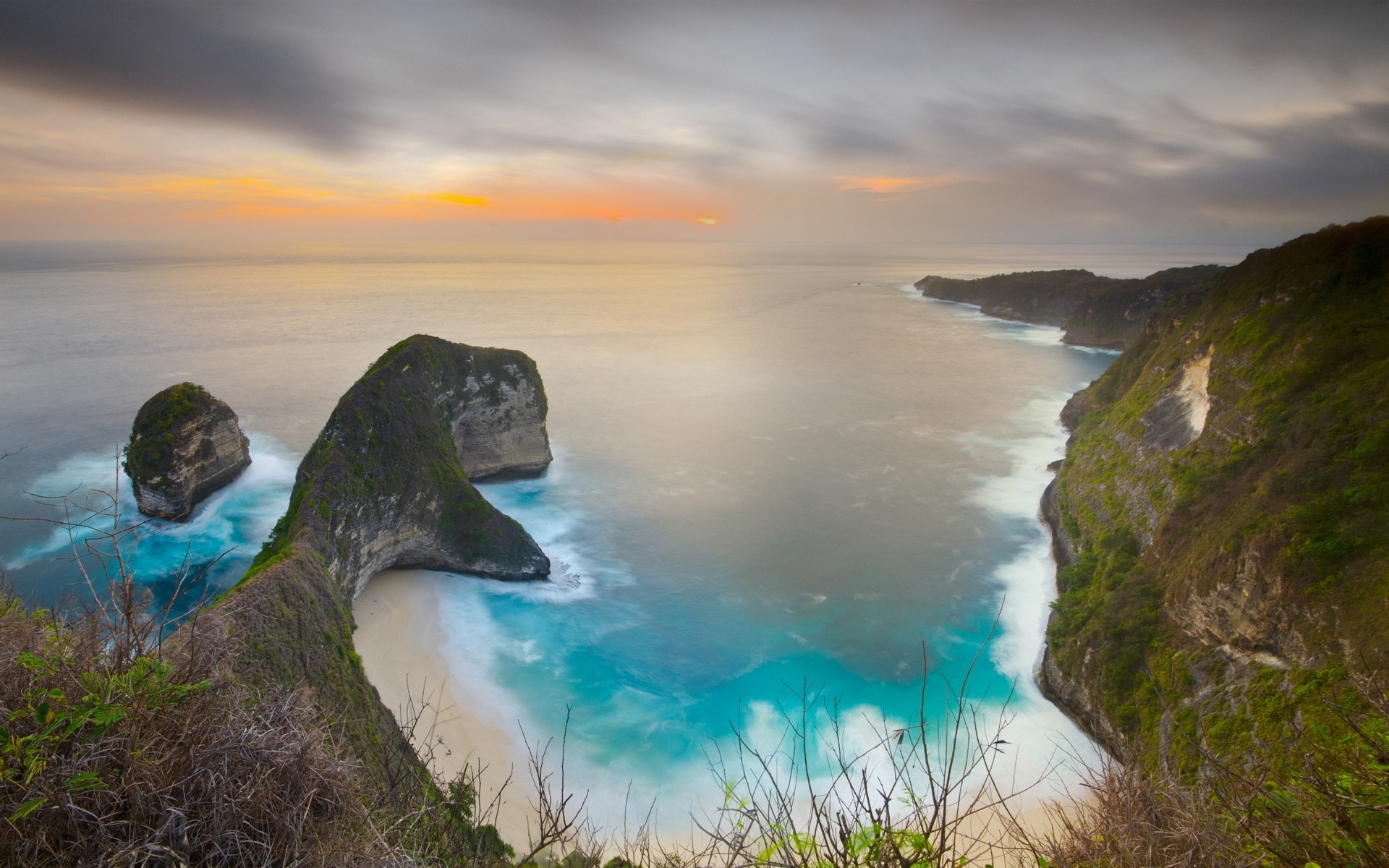 Landscape Nature Beach Coast Island Sea Coves Cliff Sunset Clouds Sand Shrubs Water 1920x1200