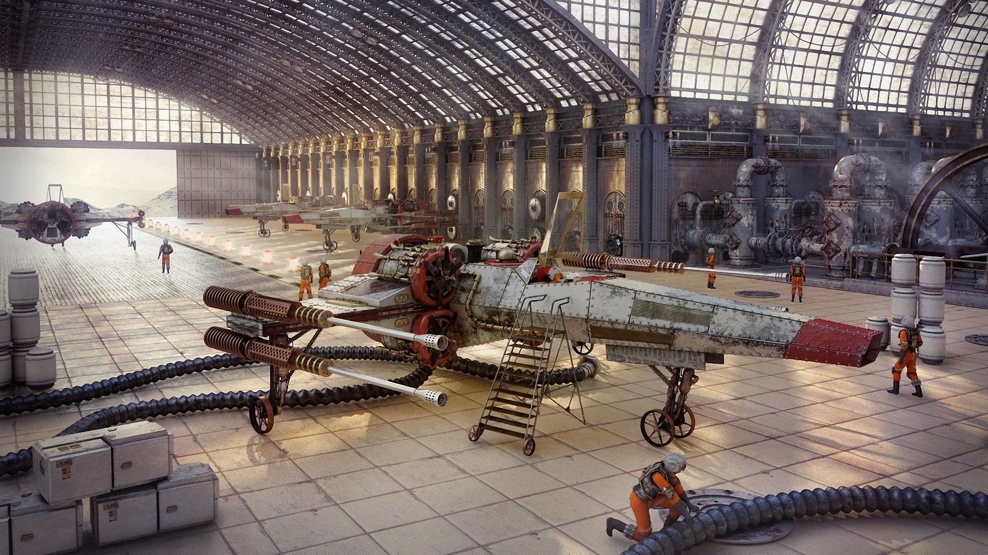 Star Wars Engineer X Wing Steampunk Digital Art Hangar 1920x1080