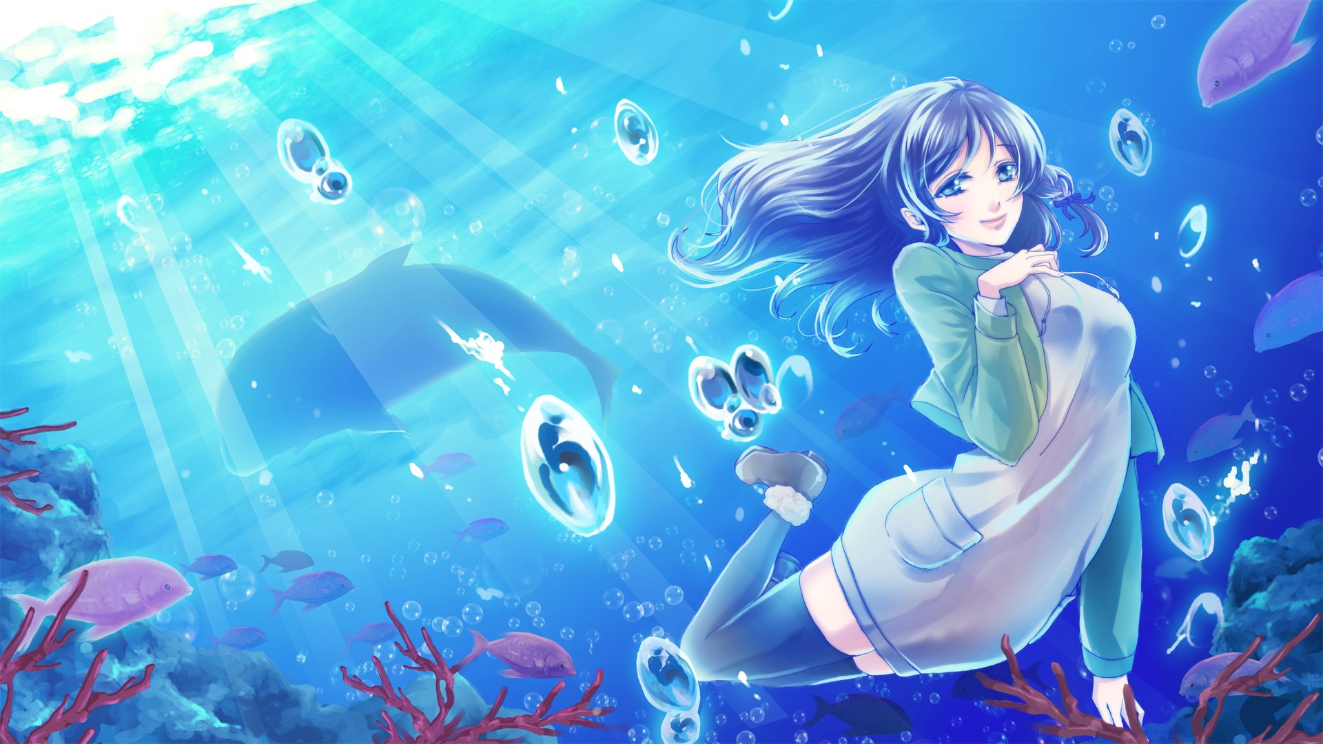 Nagi No Asukara Chisaki Hiradaira Fish Dolphin Sea Water Underwater Anime Girls 1920x1080