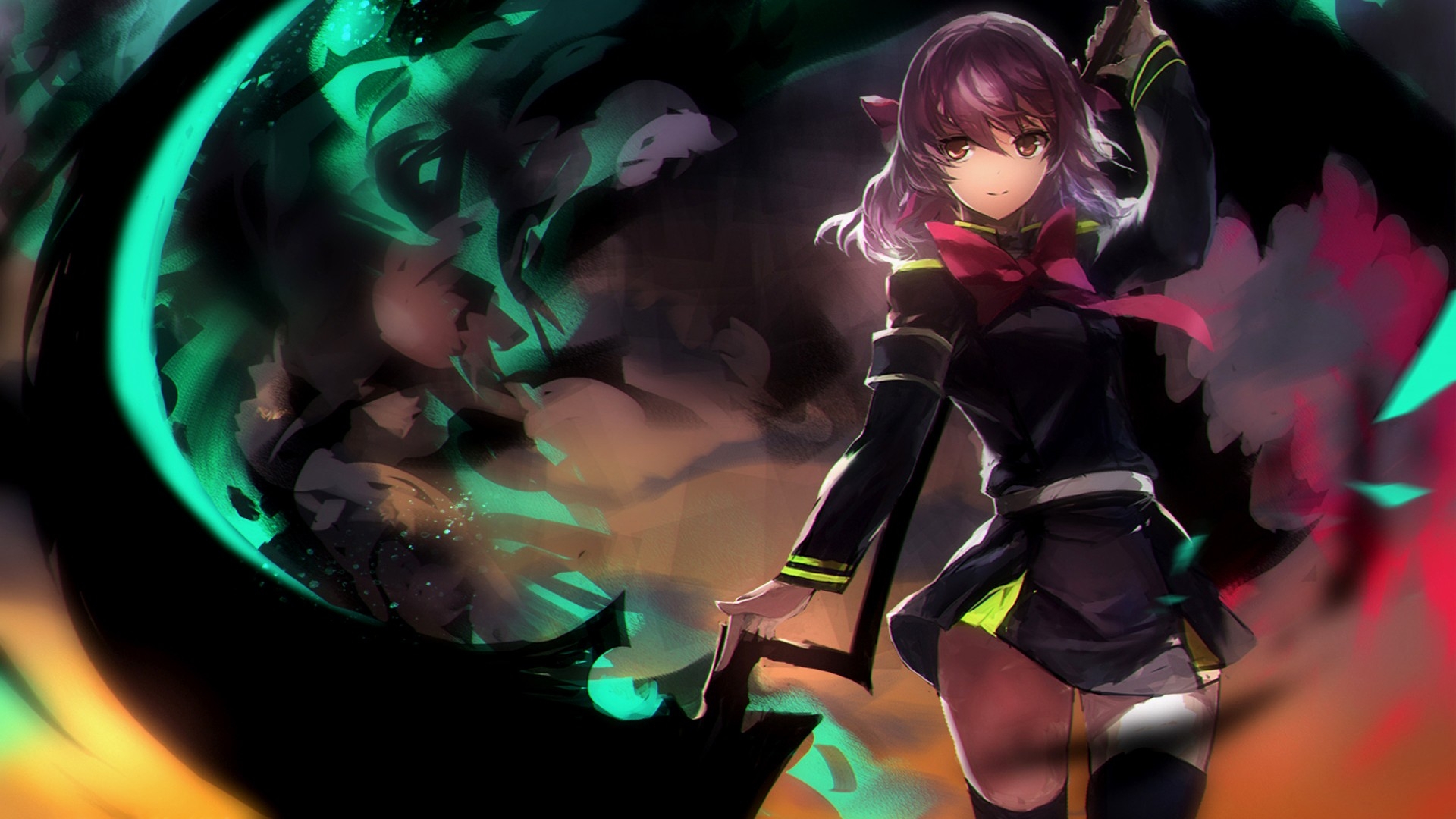 Seraph Of The End Shinoa H Ragi Purple Hair Scythe Uniform Skirt Thigh Highs Smile Anime Brown Eyes 1920x1080