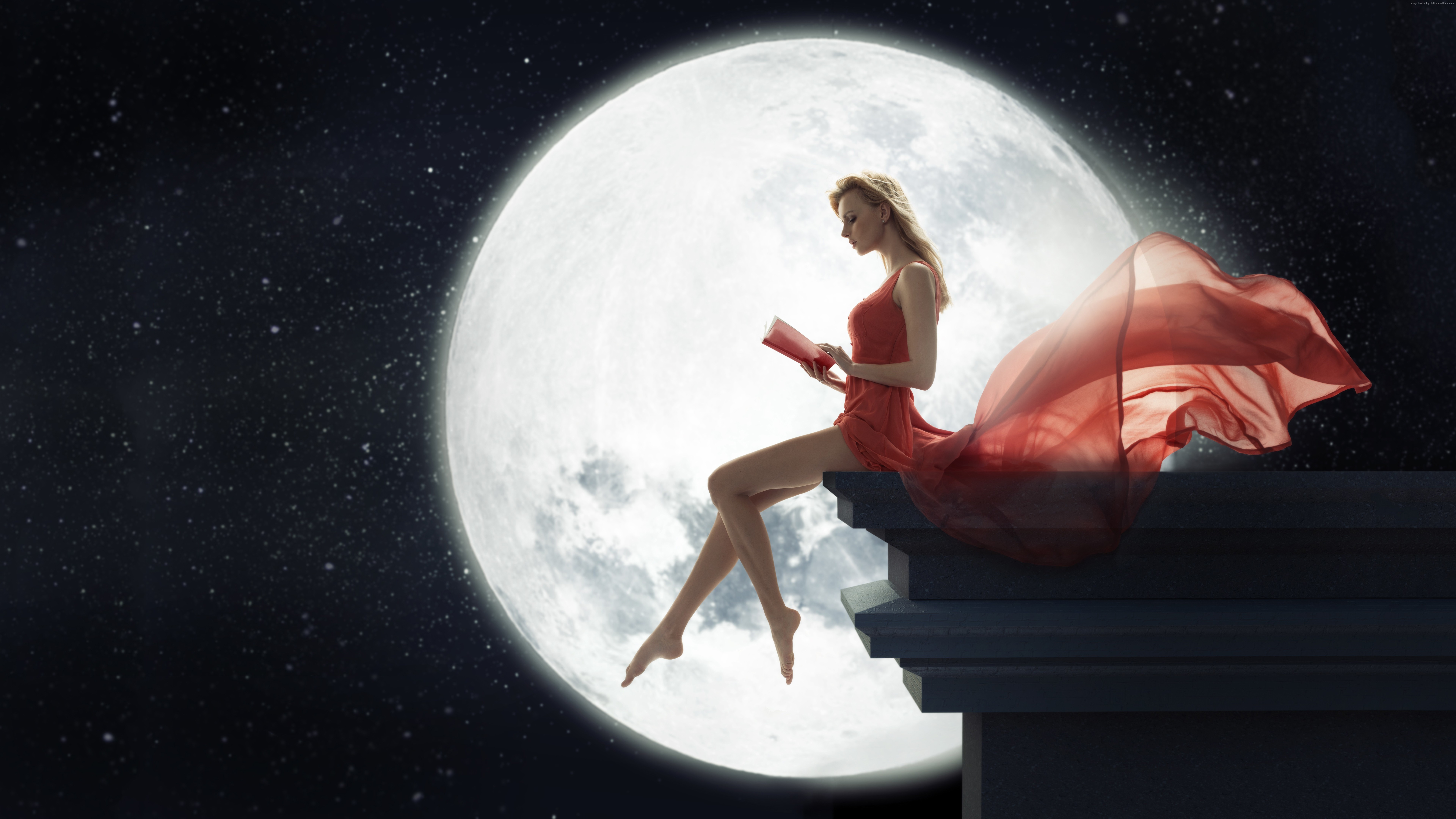 Woman Moon Book Gown Red Dress 7680x4320