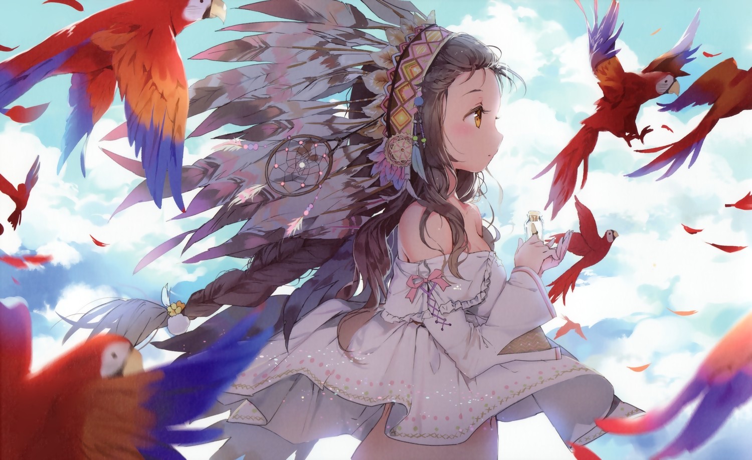 Anime Girls Birds Original Characters Native American Clothing Feathers Brunette 1500x919