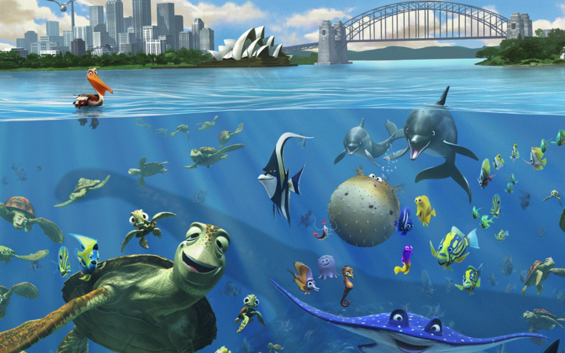 Finding Nemo Fish Turtle Sea Split View Sydney Opera House Disney Pixar Animation Studios Animated M 1920x1200