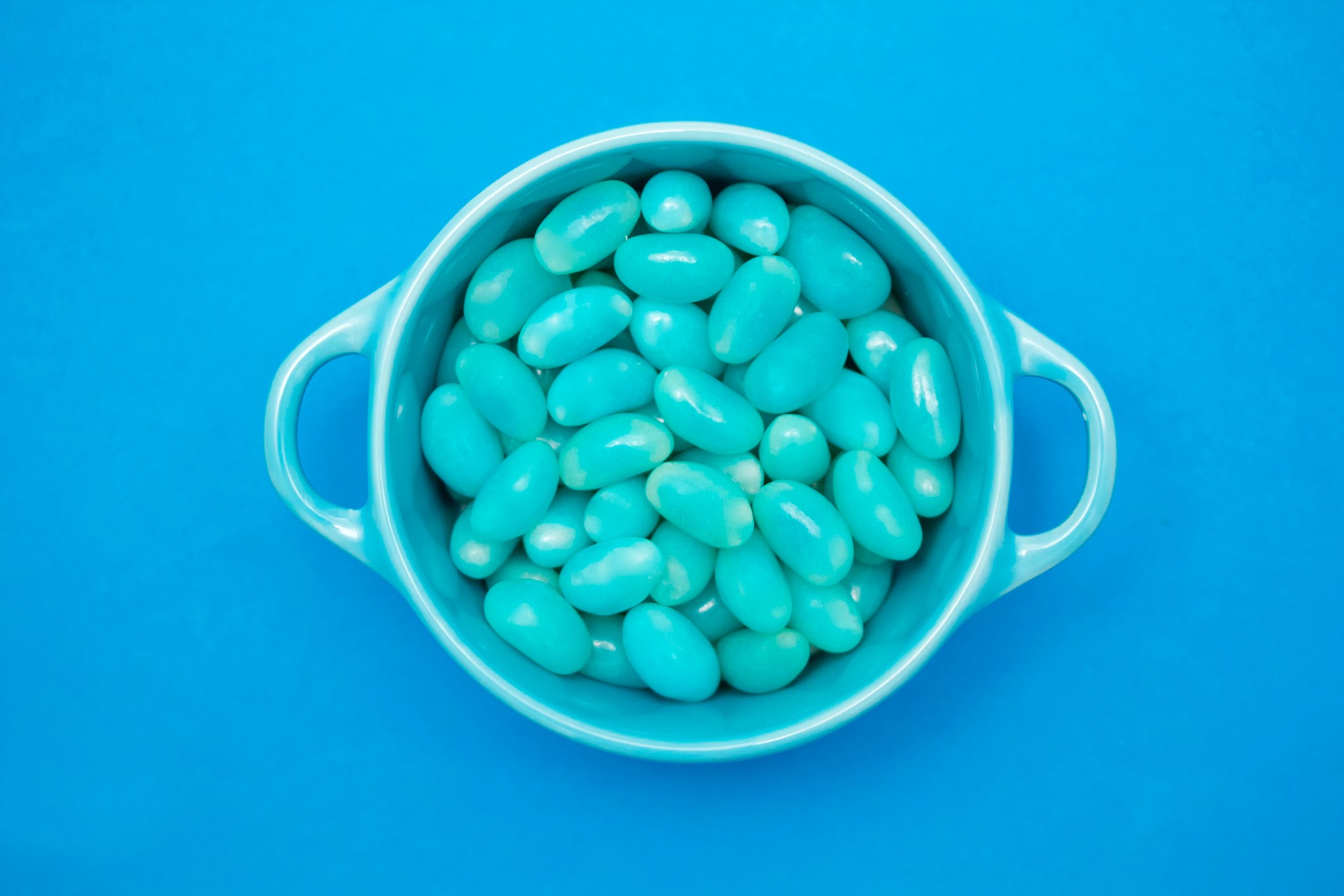Blue Cup Food Beans Simple Background Cyan Cyan Background Candy 2048x1365