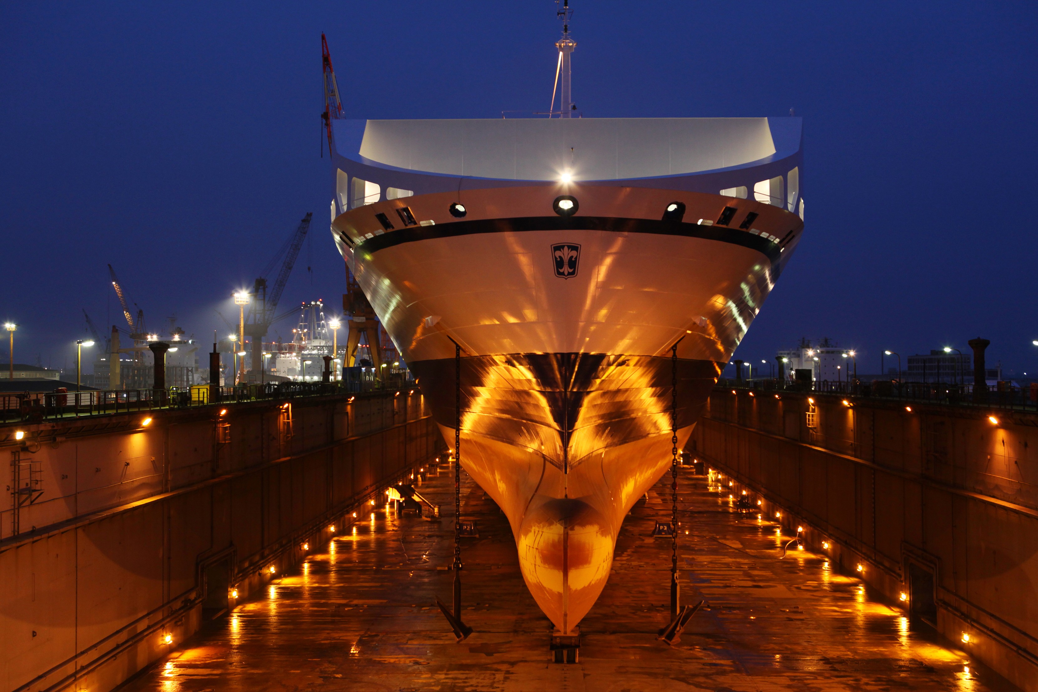 Ship Dock Shipyard Cranes Machine Lights Night Reflection Anchors 3315x2210