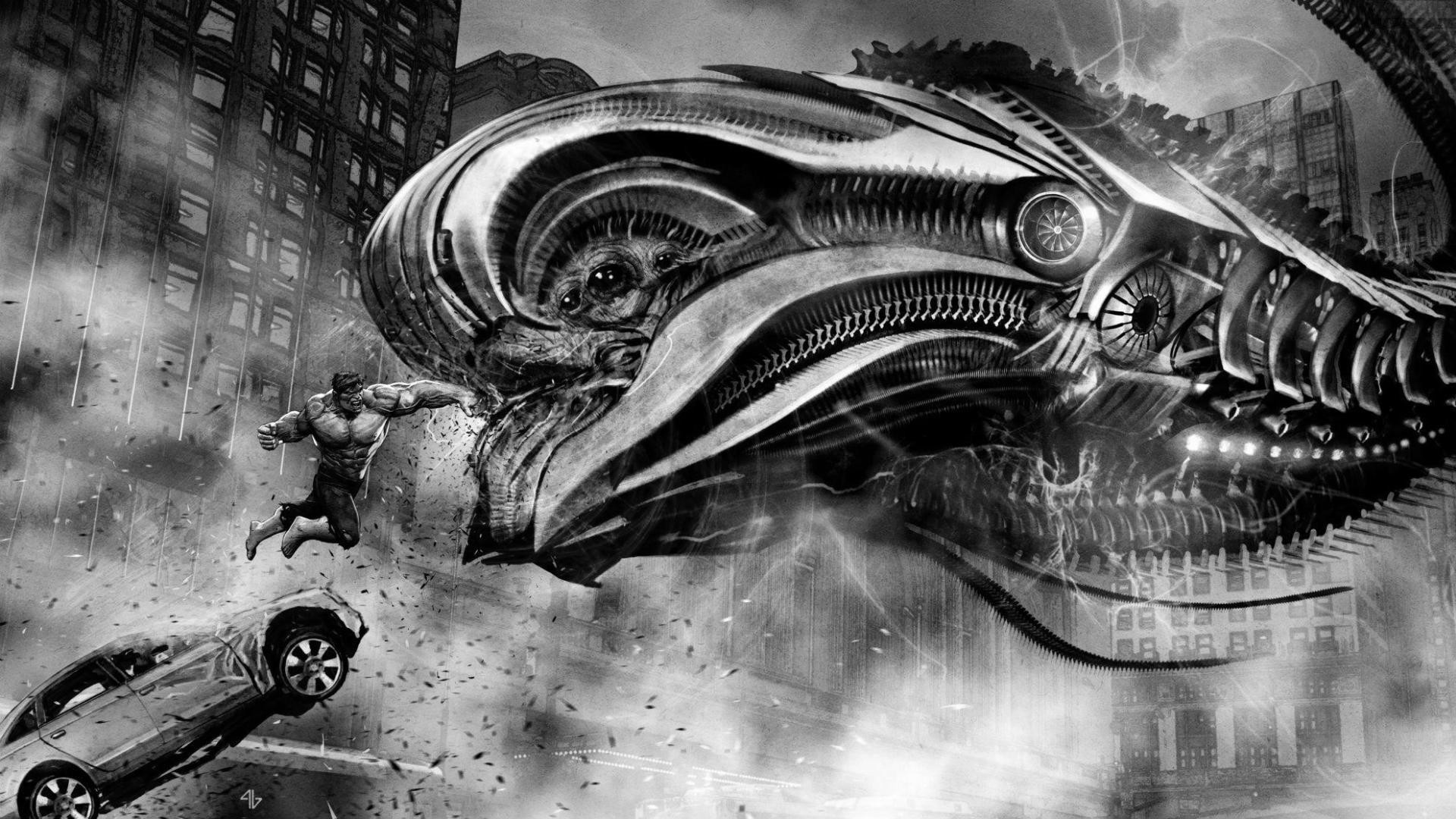 Hulk The Avengers Monochrome Fantasy Art Concept Art 1920x1080