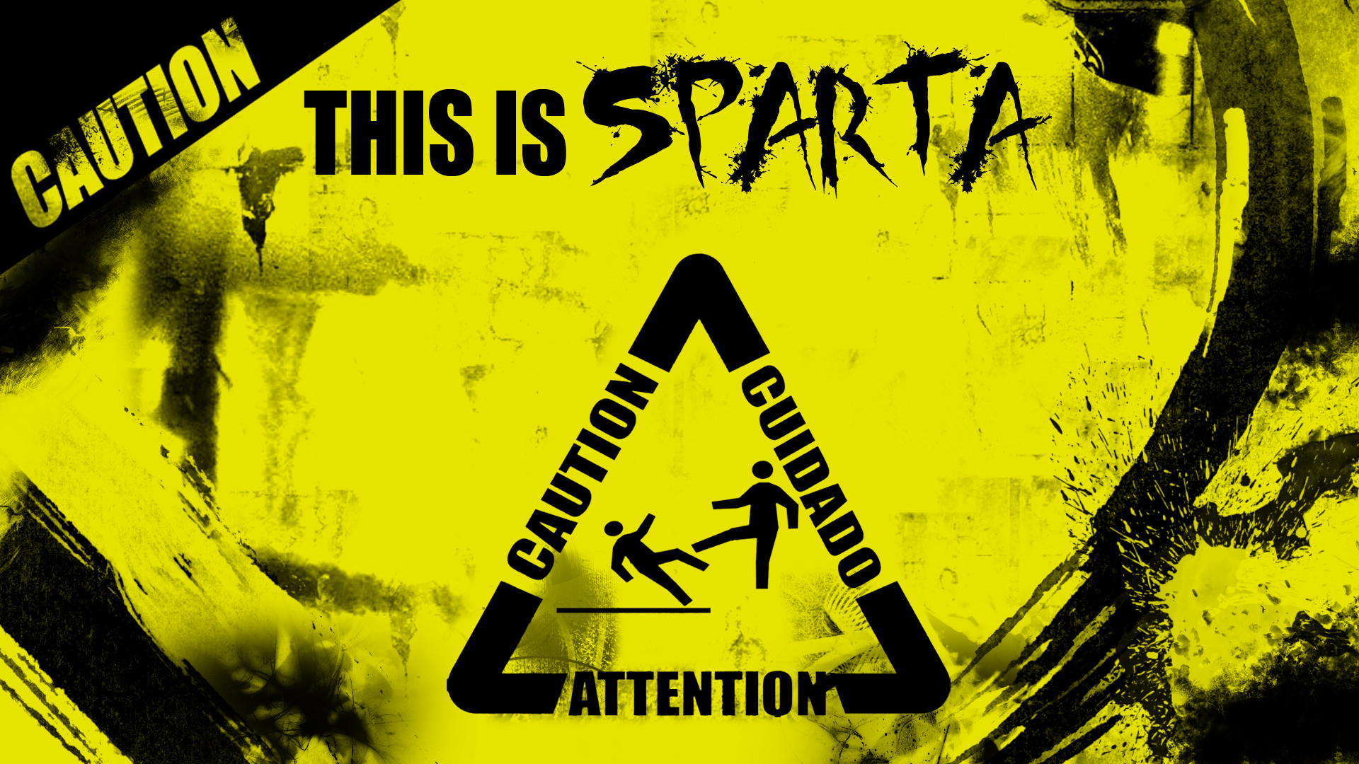 300 Warning Signs Digital Art Yellow Humor Triangle Sparta Yellow Background Grunge Typography 1920x1080