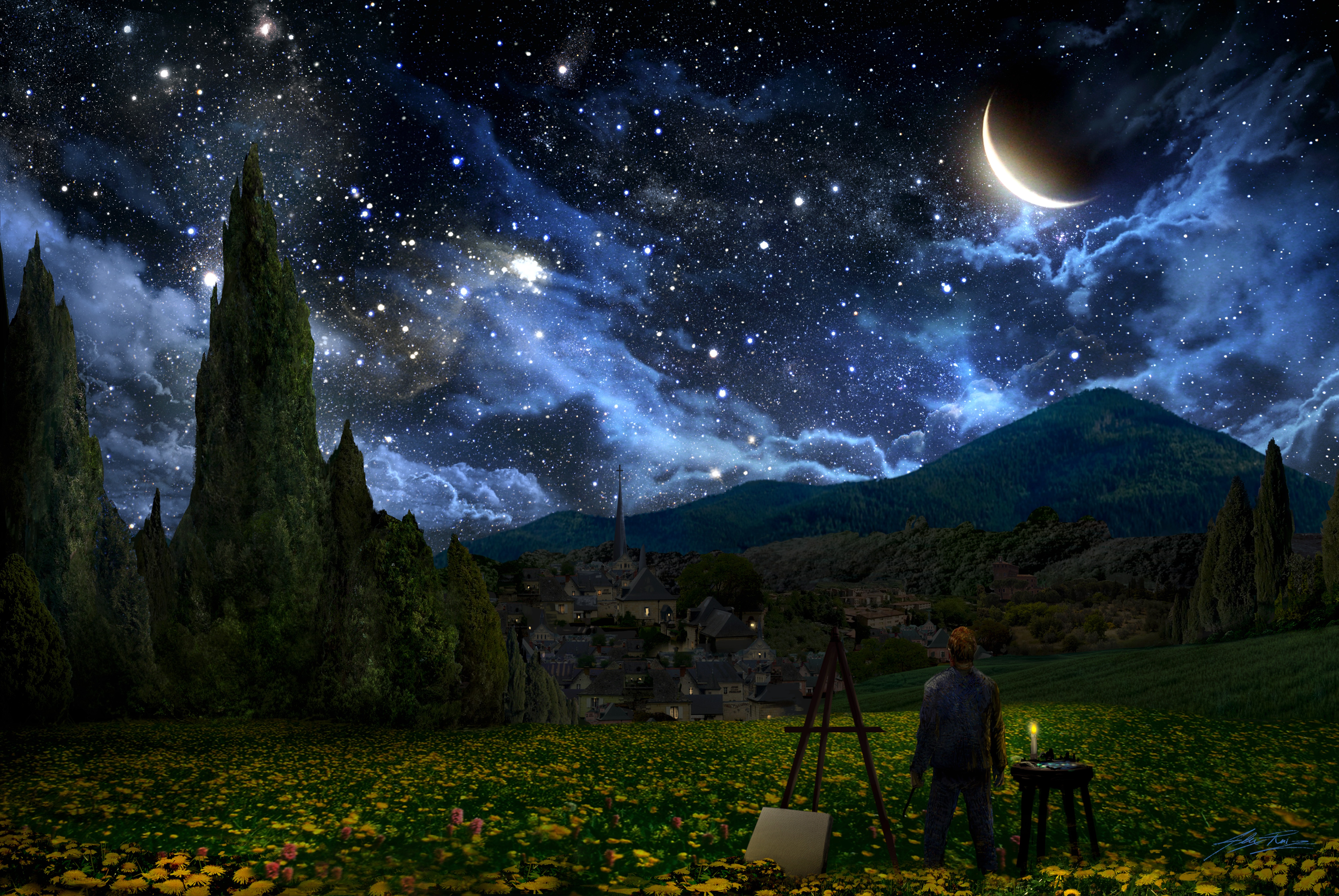 Vincent Van Gogh The Starry Night Crescent Moon Painters Stars Landscape 5997x4013