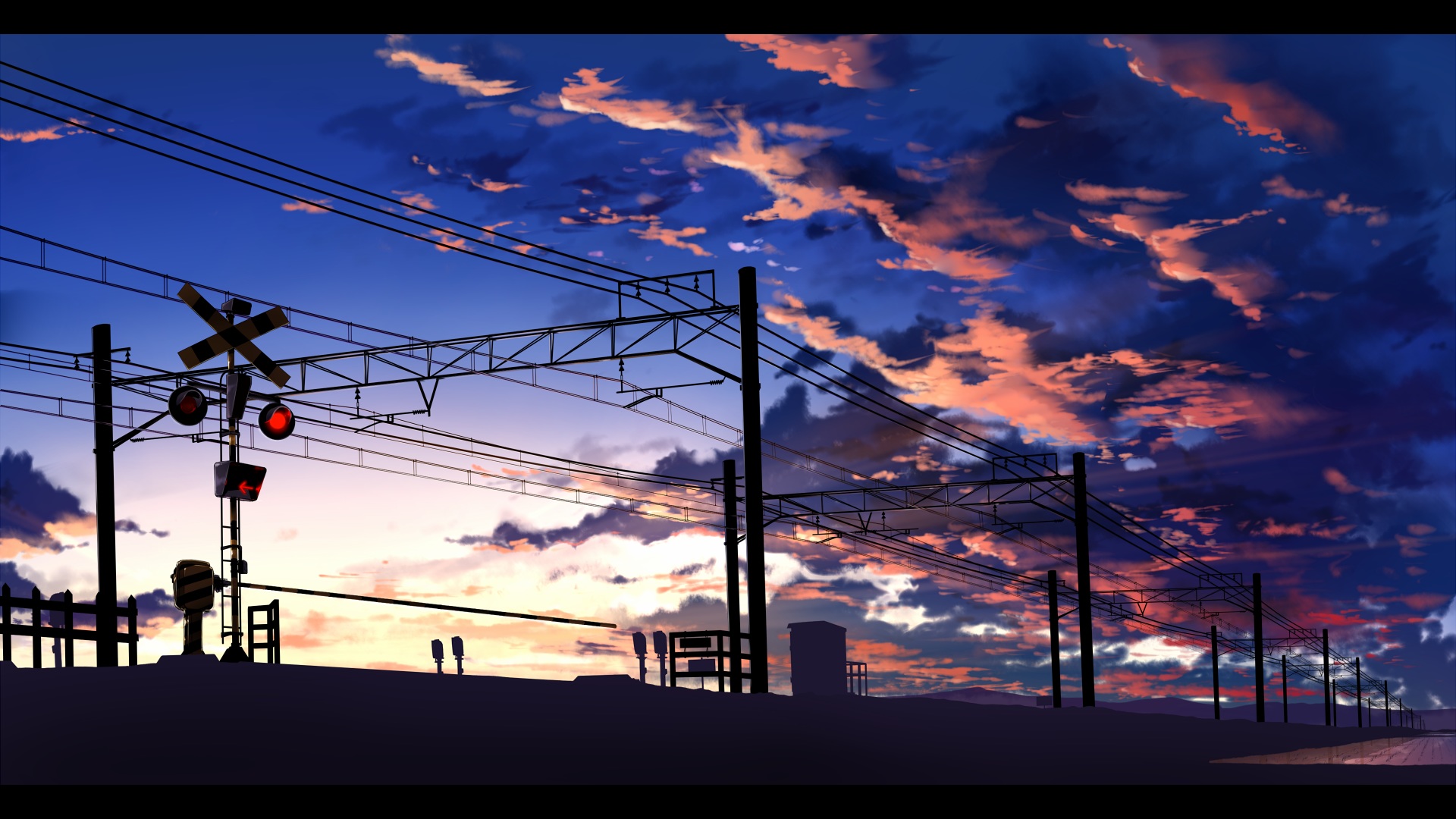 Anime Train Station Power Lines Clouds Traffic Lights Railway Crossing Utility Pole Artwork Sky Dark 1920x1080