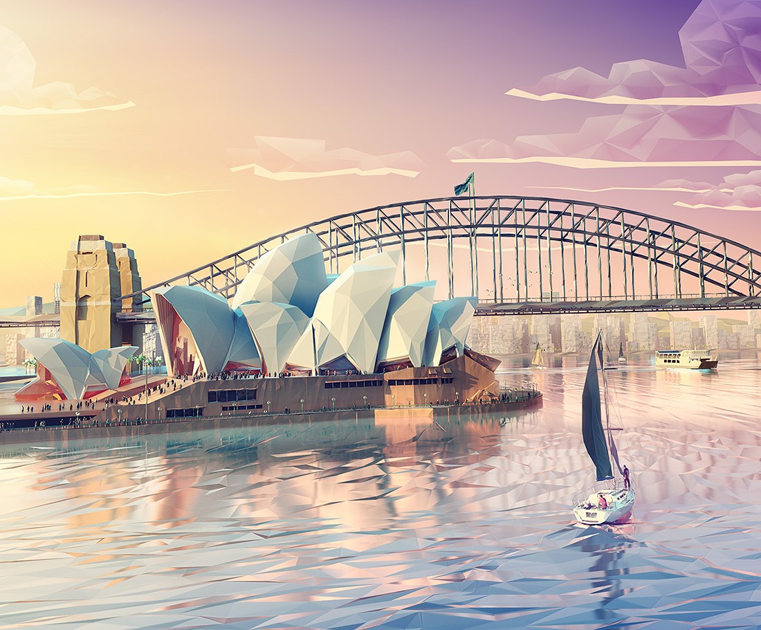 Digital Art Low Poly Mateusz Szulik Clouds Australia Sydney Sea Sydney Opera House Yachts Bridge Shi 1100x910