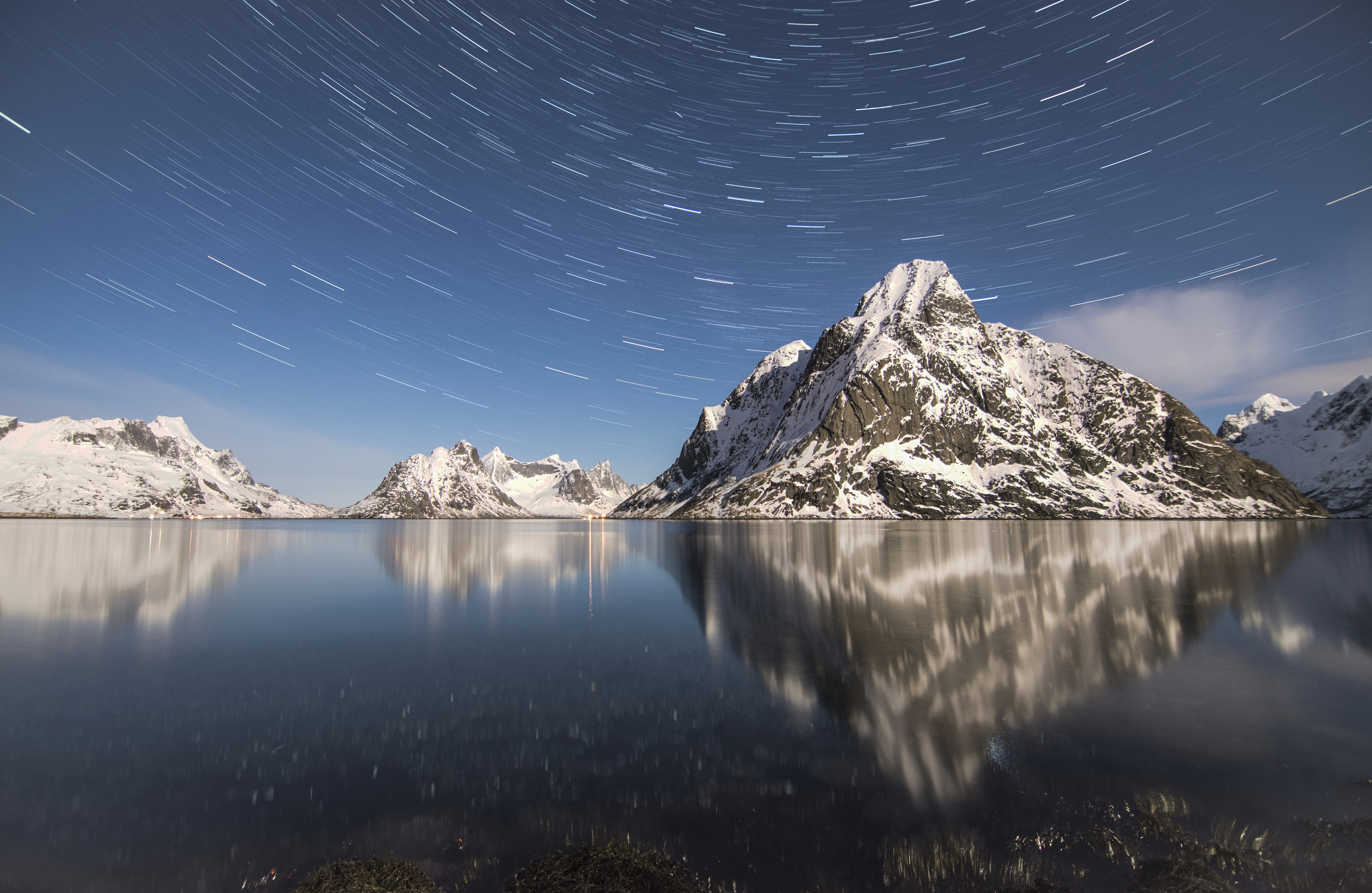 Star Trail Nature Lake Mountain Reflection Winter Sky Stars 5898x3840