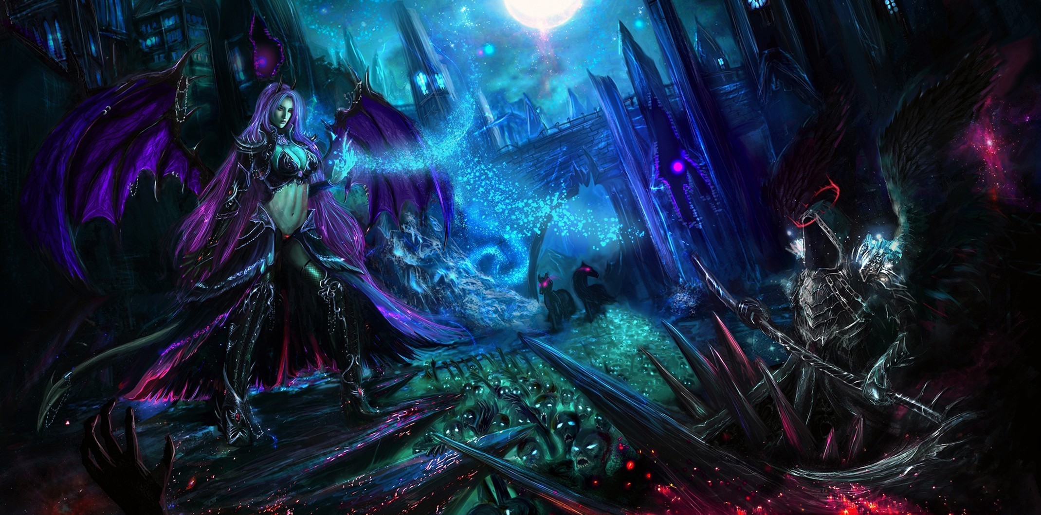 Fantasy Art Artwork Spooky Magic Demoness Cyan Purple 2139x1059