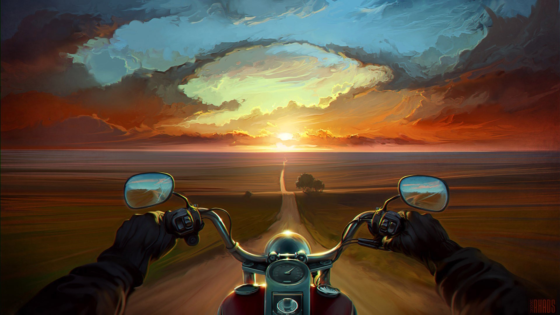 Digital Art Landscape Sunset Sky Road Painting Point Of View Horizon Artwork Motorcycle Vehicle Bike 1920x1080