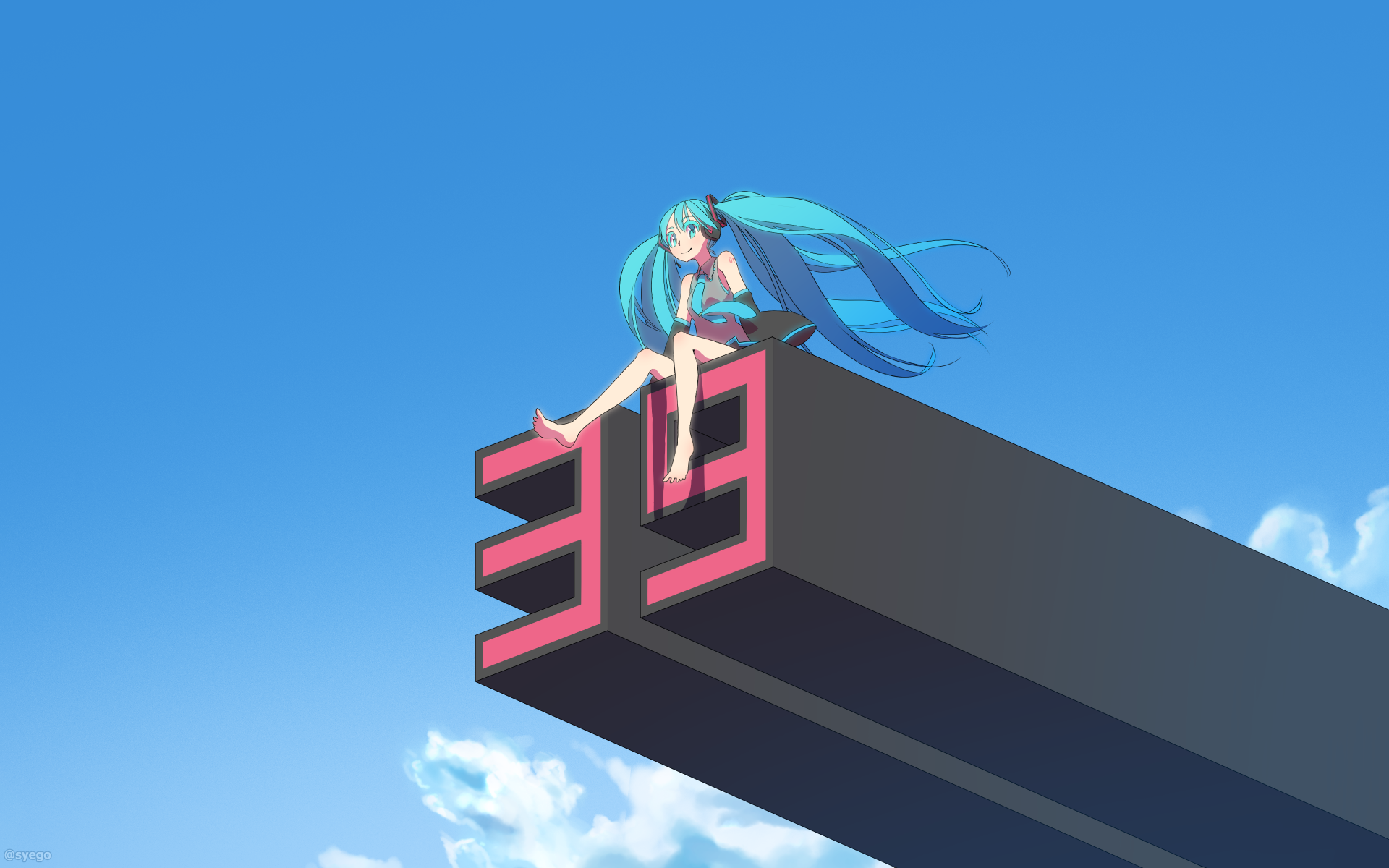 Anime Anime Girls Syego Hatsune Miku Aqua Eyes Long Hair Aqua Hair Twintails Bare Shoulders Barefoot 1920x1200