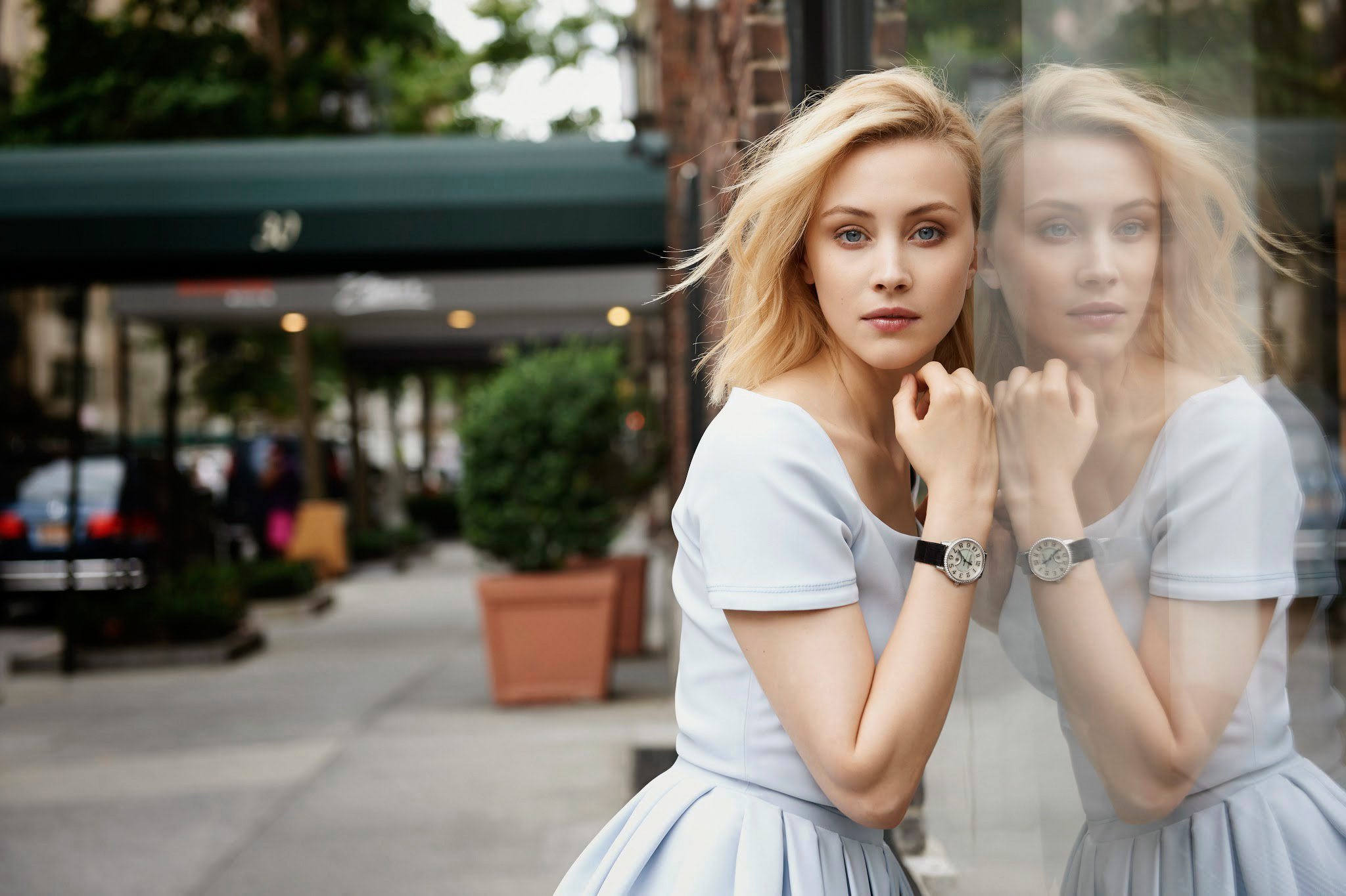 Sarah Gadon Actress Blue Eyes Dress Blonde Depth Of Field Reflection 2048x1365