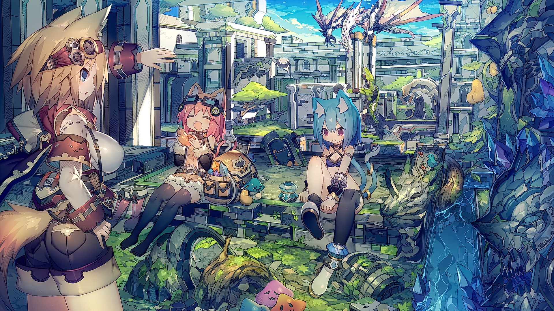 Anime Steampunk Kitsunemimi Animal Ears Original Characters Anime Girls Blonde Short Hair Pink Hair  1920x1080