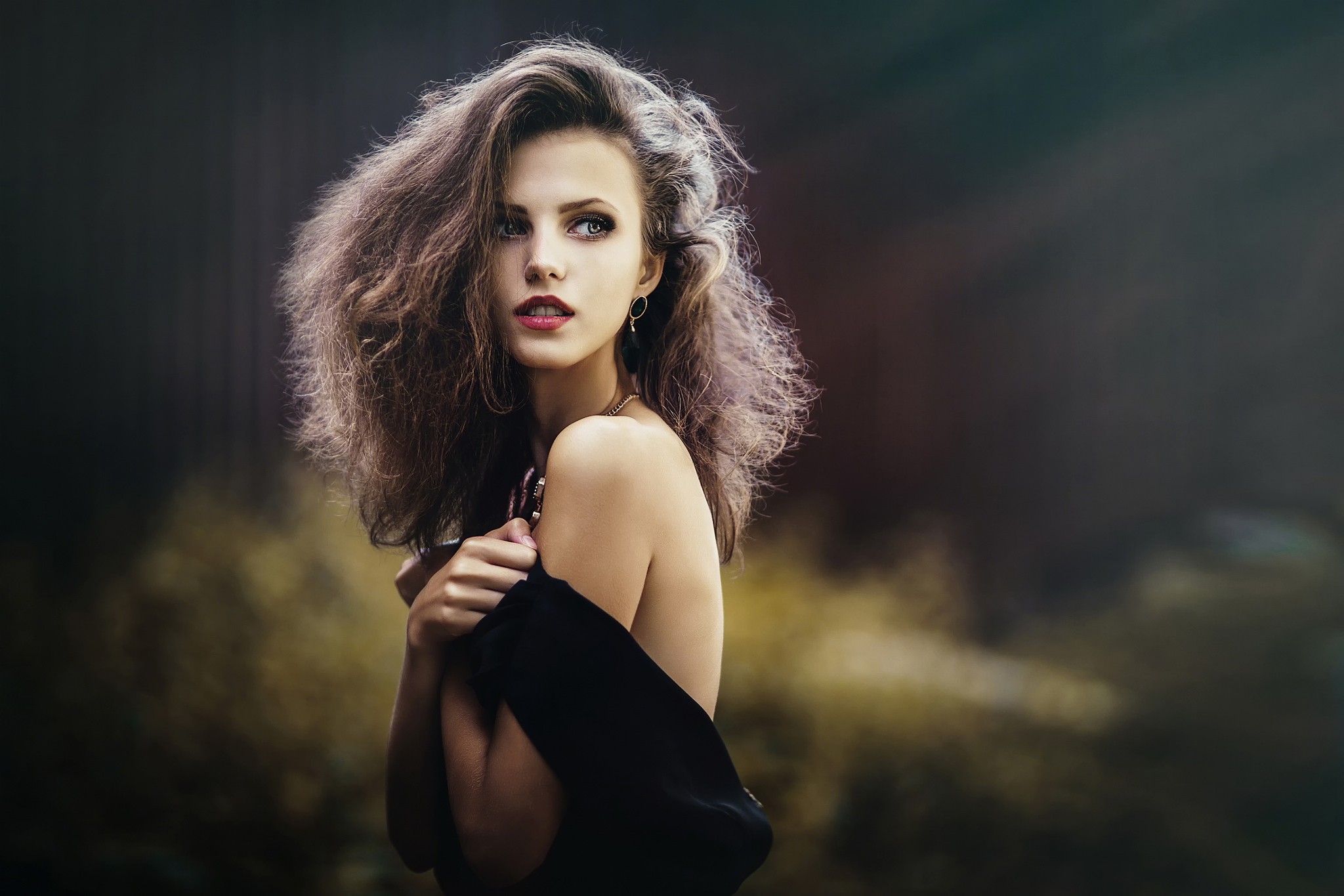 Women Dress Long Hair Ksenia Malinina Brunette Black Dress Green Eyes Model Sergey Piltnik 2048x1365